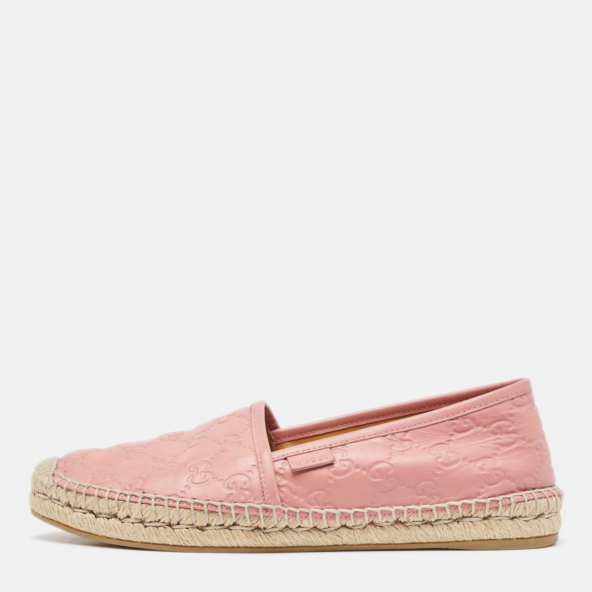 Pre-owned Gucci Pink Gg Leather Slip On Espadrilles Flats Size 39.5