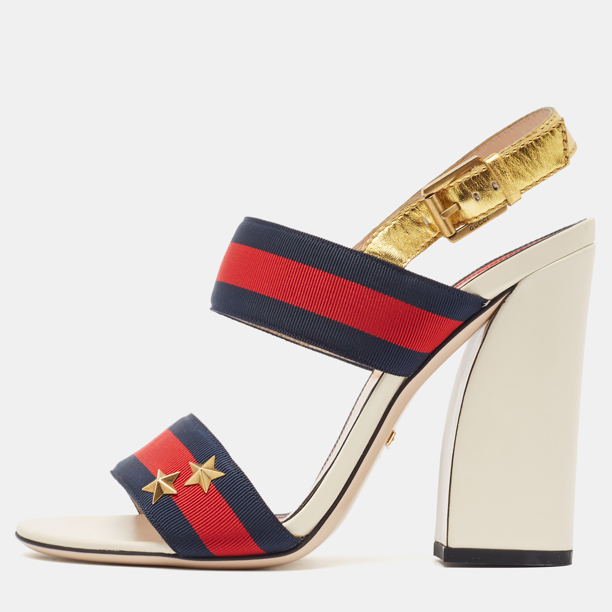 

Gucci Gold Leather and Grosgrain Web Aline Sandals Size