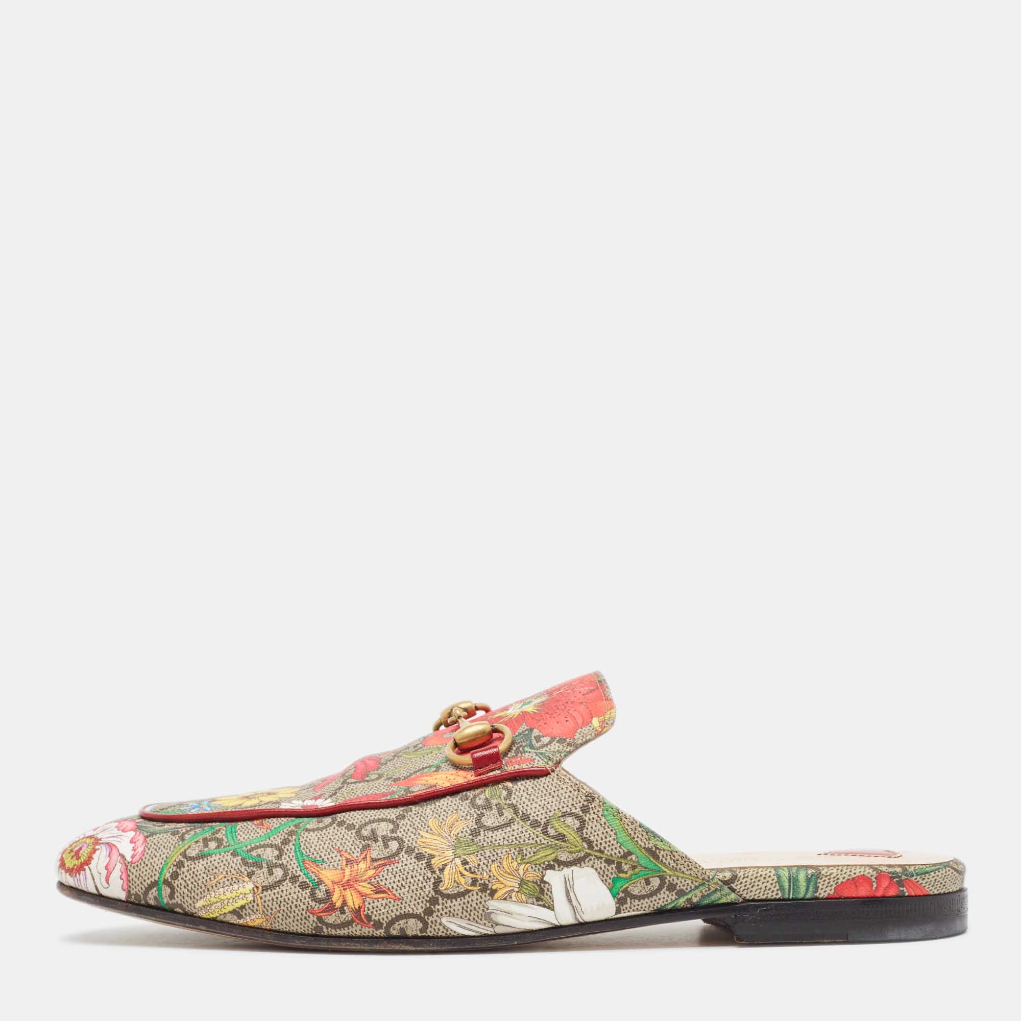 Pre-owned Gucci Multicolor Flora Gg Supreme Canvas Princetown Flat Mules Size 38