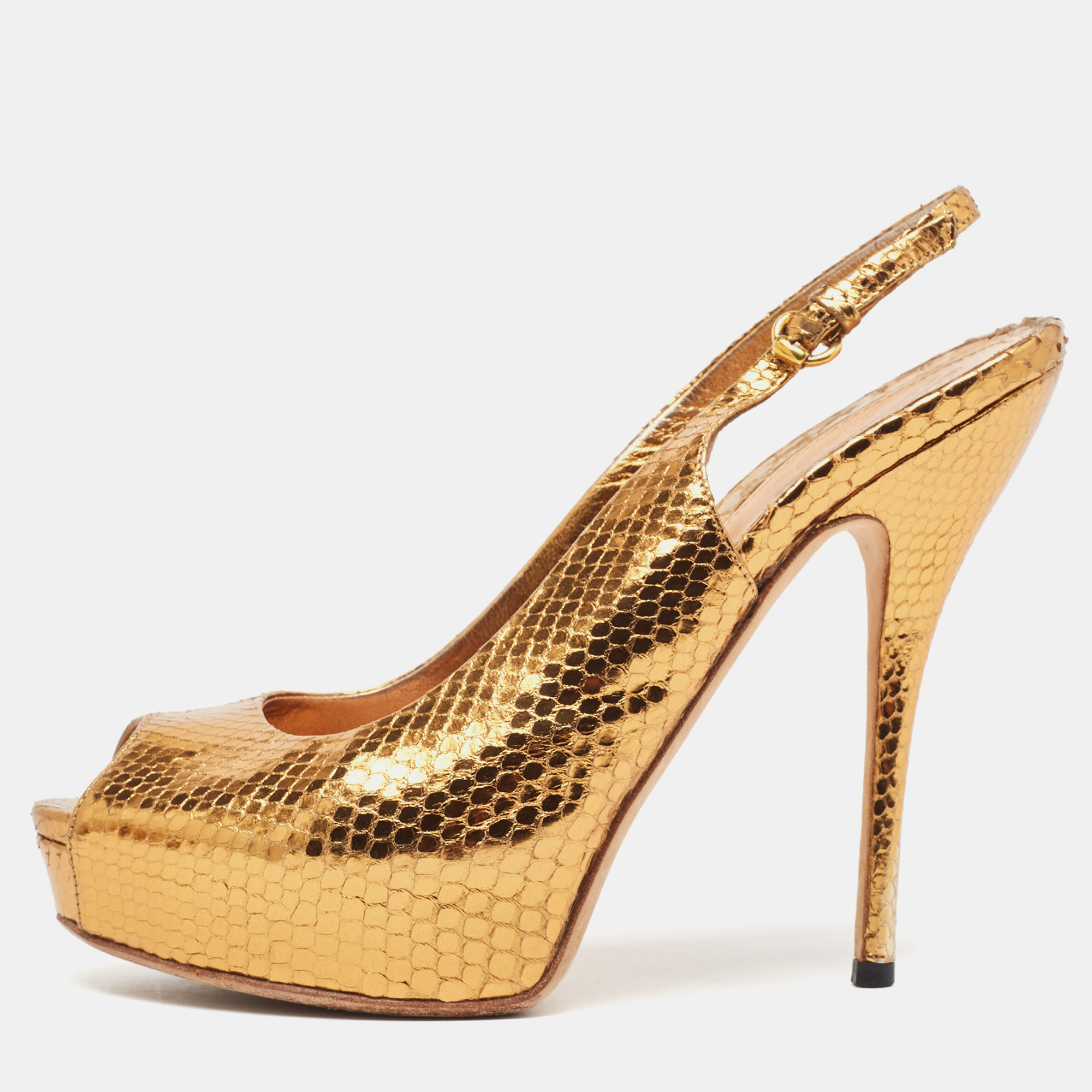 

Gucci Metallic Embossed Snakeskin Sofia Peep Toe Singback Pumps Size