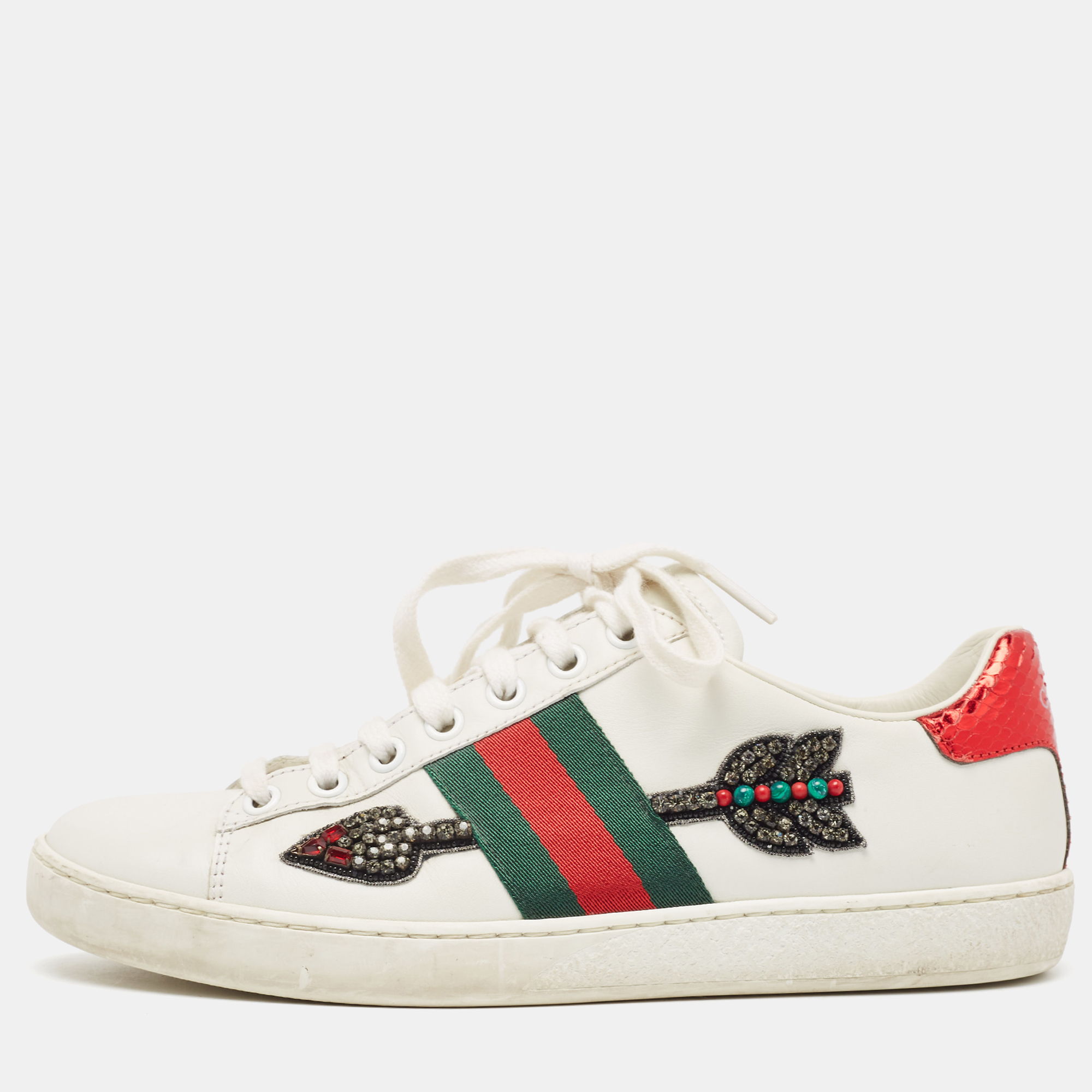 Pre-owned Gucci White Leather Embellished Arrow Ace Sneakers Size 36