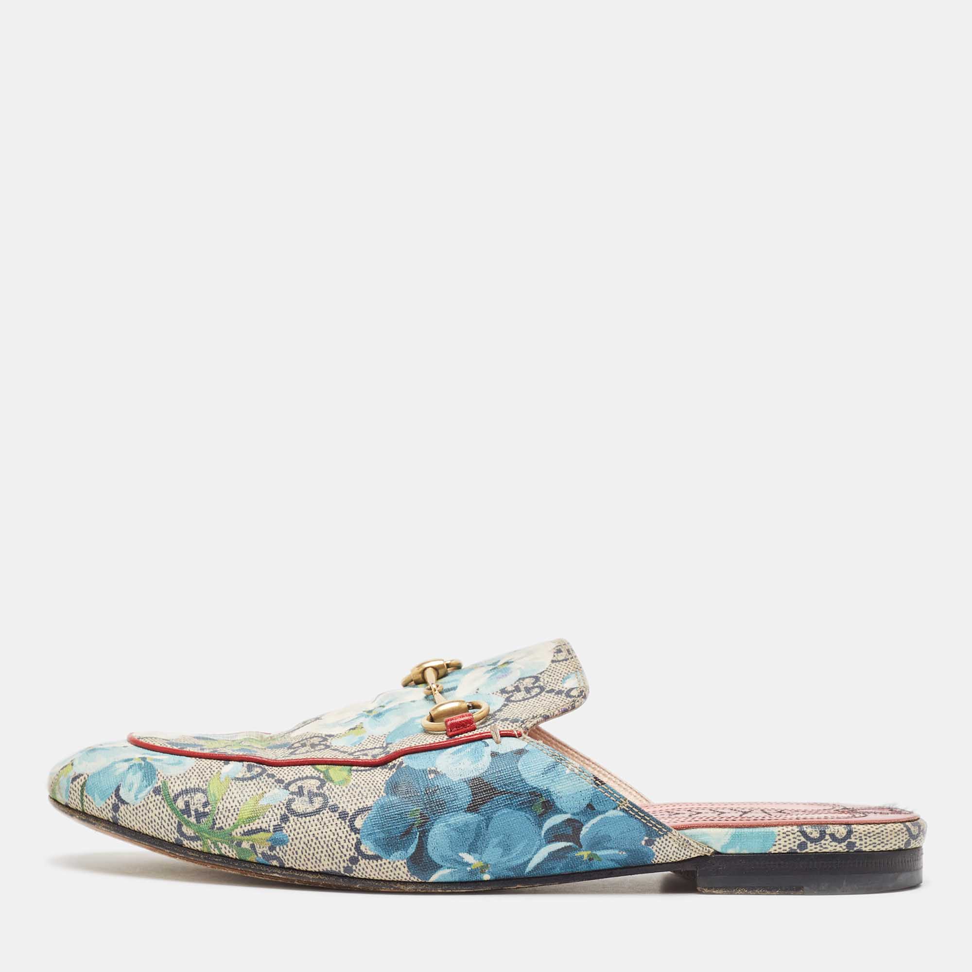 Pre-owned Gucci Blue Gg Supreme Canvas Blooms Horsebit Flat Mules Size 37