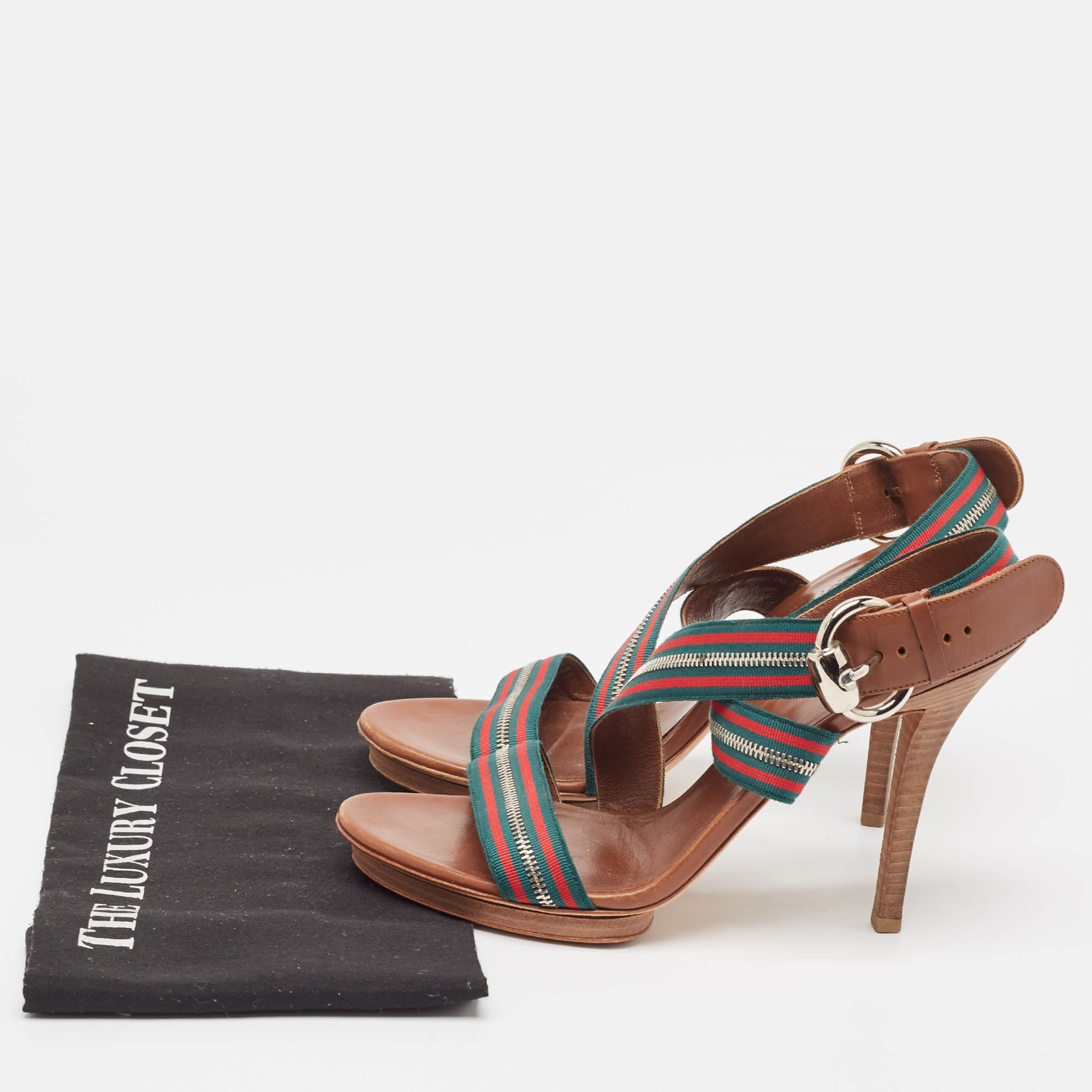 Gucci Tricolor Leather and Zip Web Canvas Ankle Wrap Sandals Size 39.5 