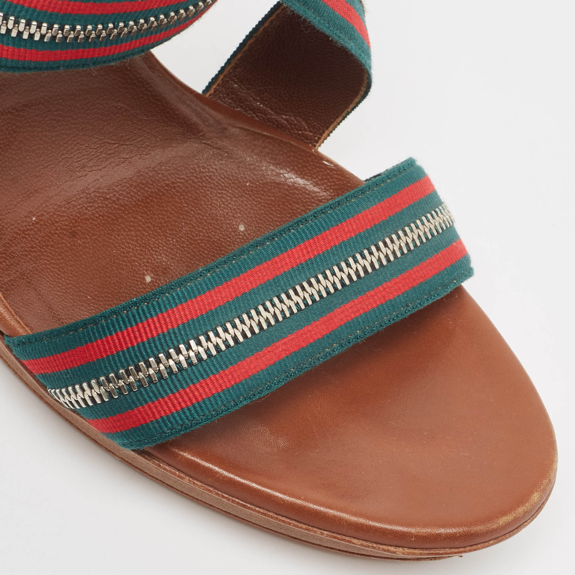 Gucci Tricolor Leather and Zip Web Canvas Ankle Wrap Sandals Size 39.5 