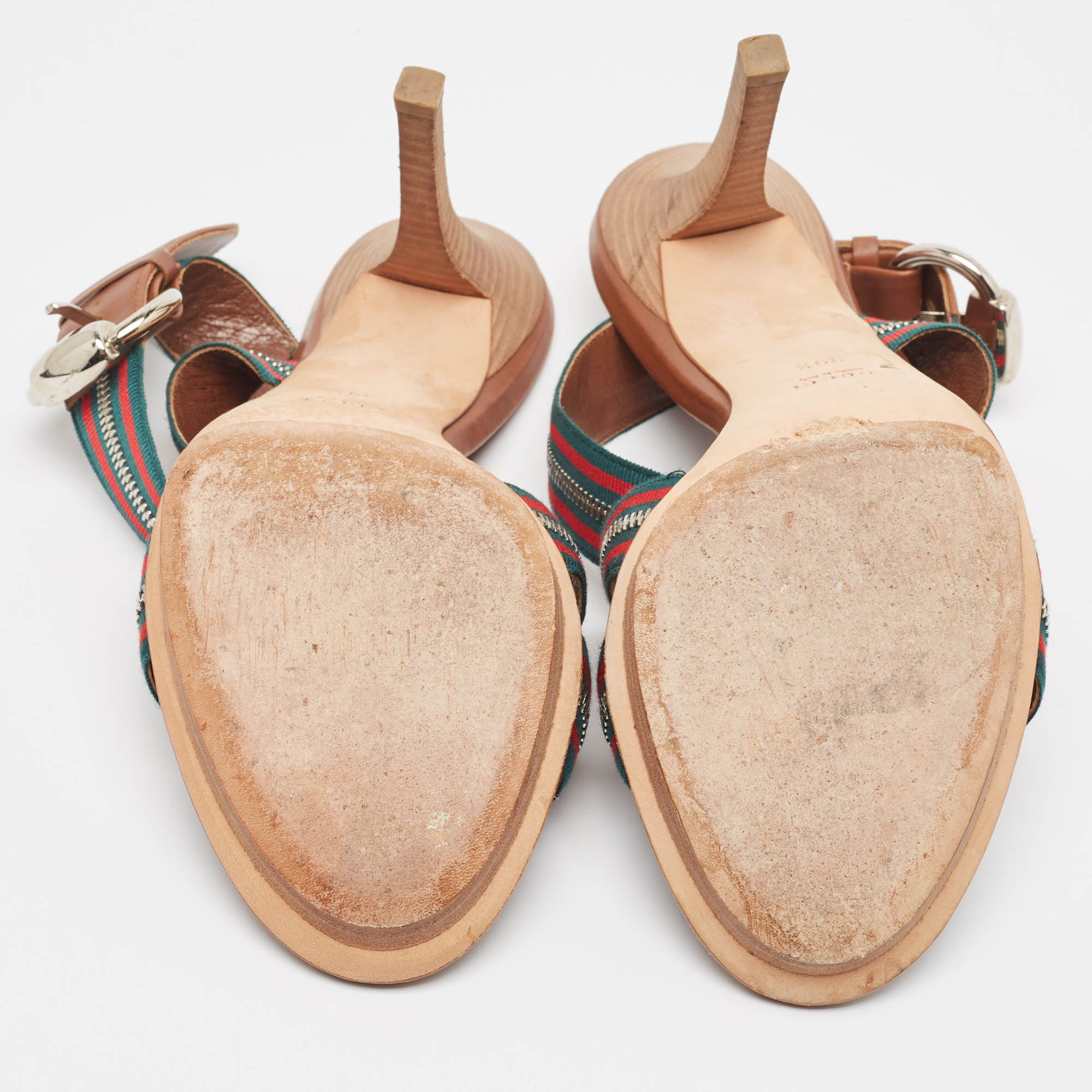 Gucci Tricolor Leather and Zip Web Canvas Ankle Wrap Sandals Size 39.5 