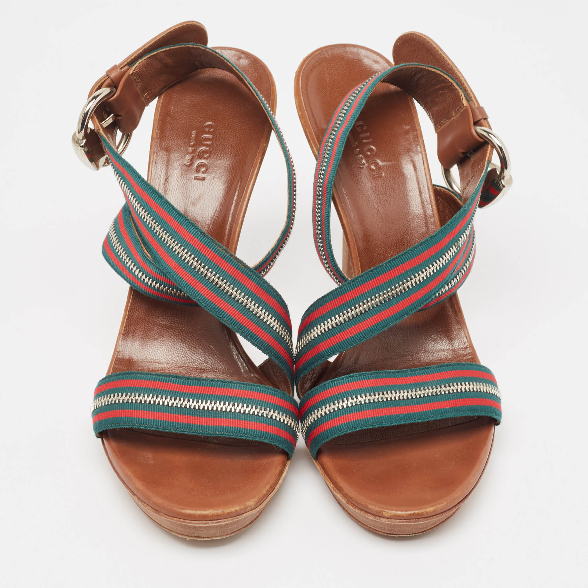 Gucci Tricolor Leather and Zip Web Canvas Ankle Wrap Sandals Size 39.5 