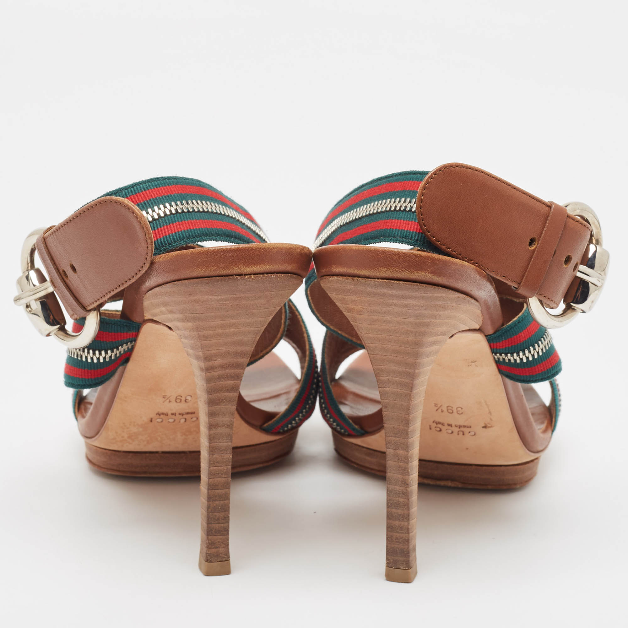 Gucci Tricolor Leather and Zip Web Canvas Ankle Wrap Sandals Size 39.5 