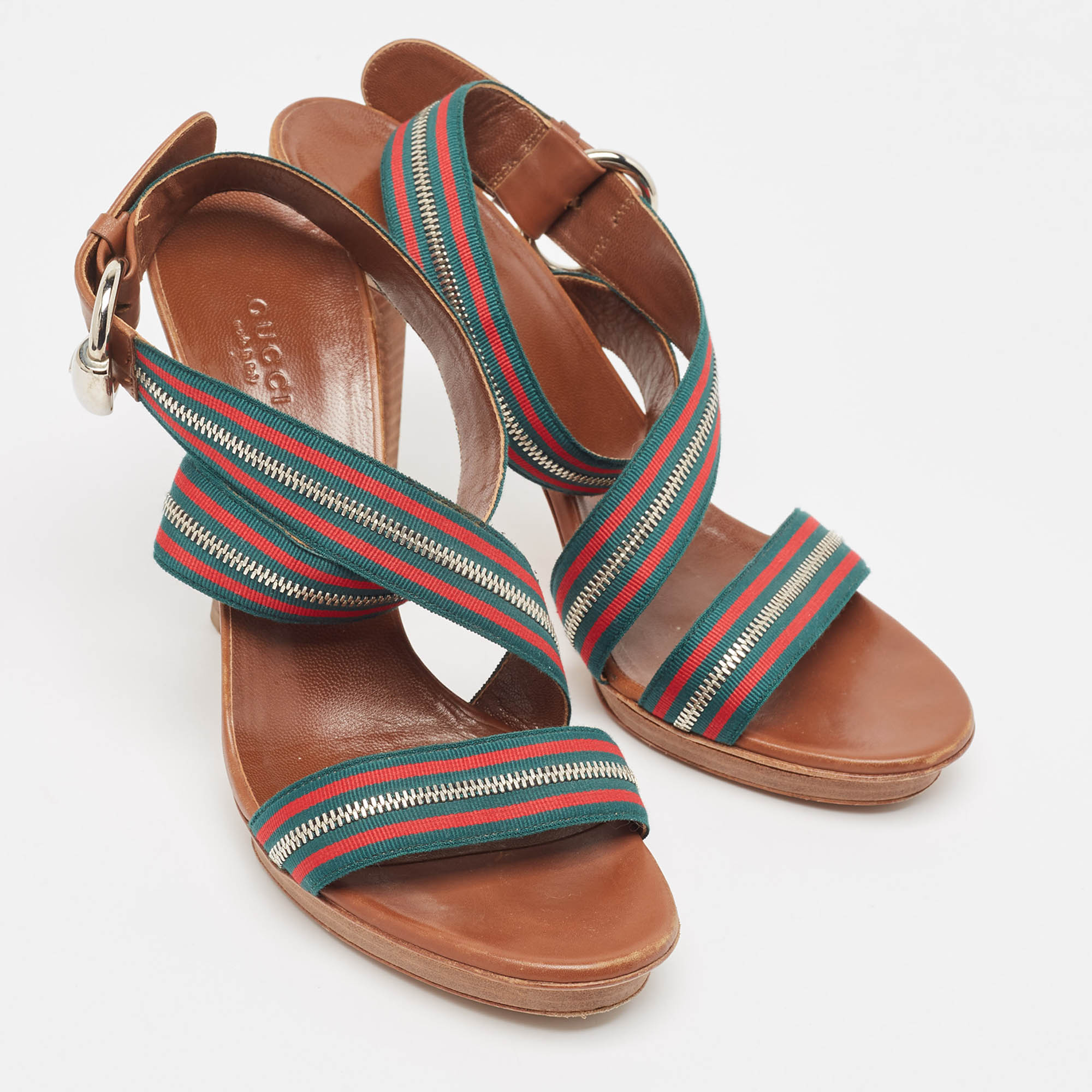 Gucci Tricolor Leather and Zip Web Canvas Ankle Wrap Sandals Size 39.5 