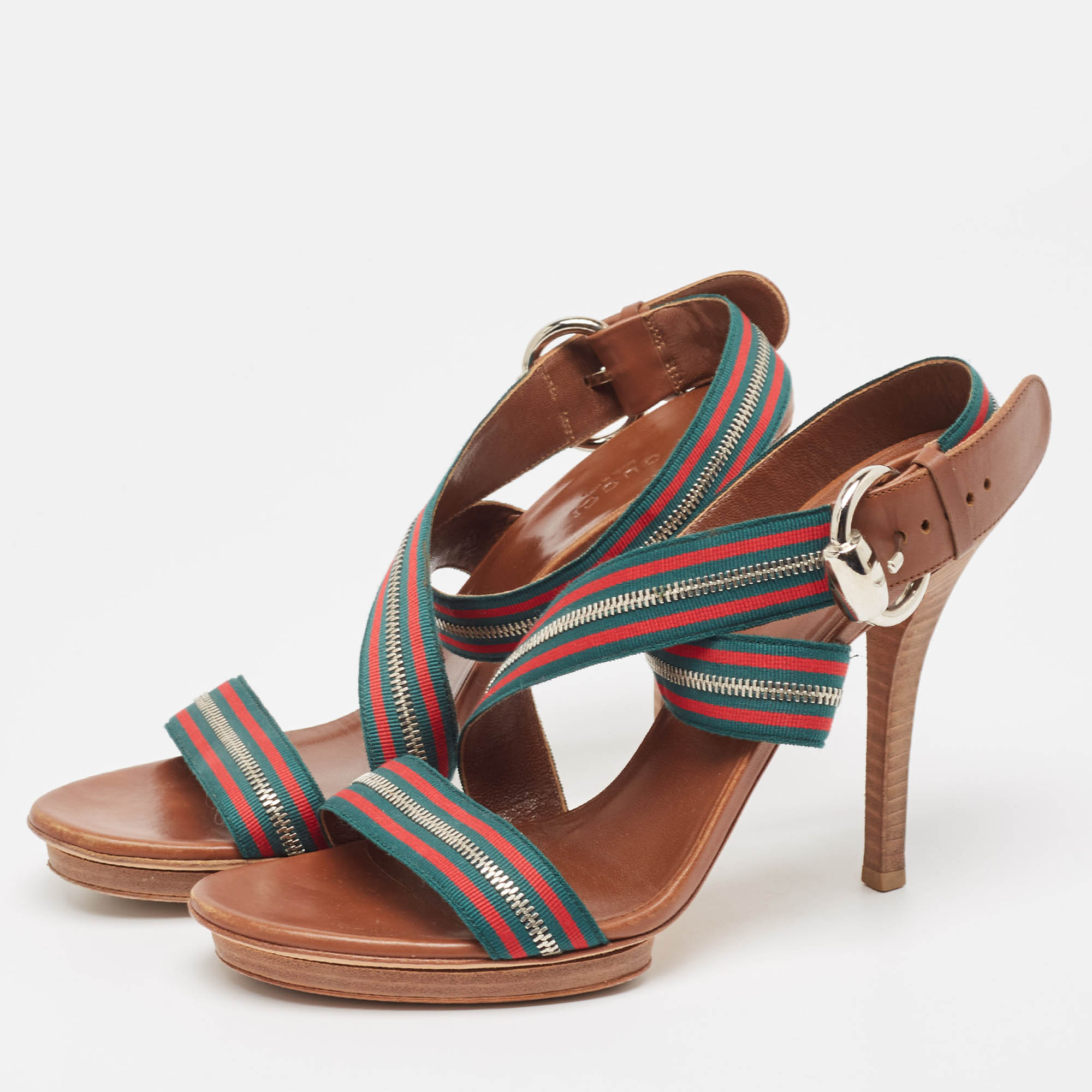 Gucci Tricolor Leather and Zip Web Canvas Ankle Wrap Sandals Size 39.5 
