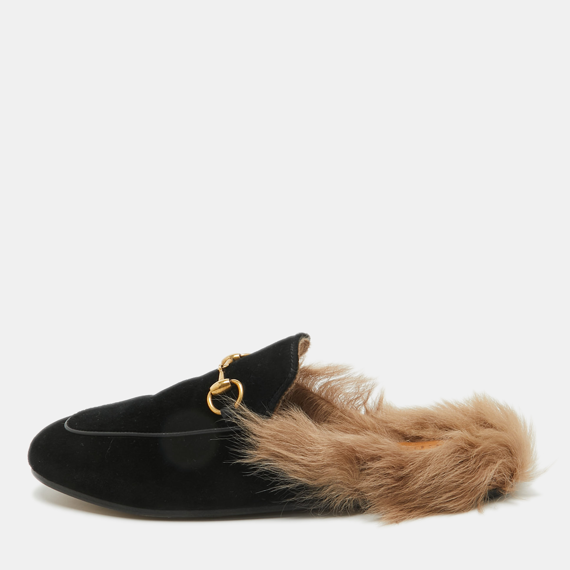 

Gucci Black Velvet and Fur Lined Princetown Flat Mules Size