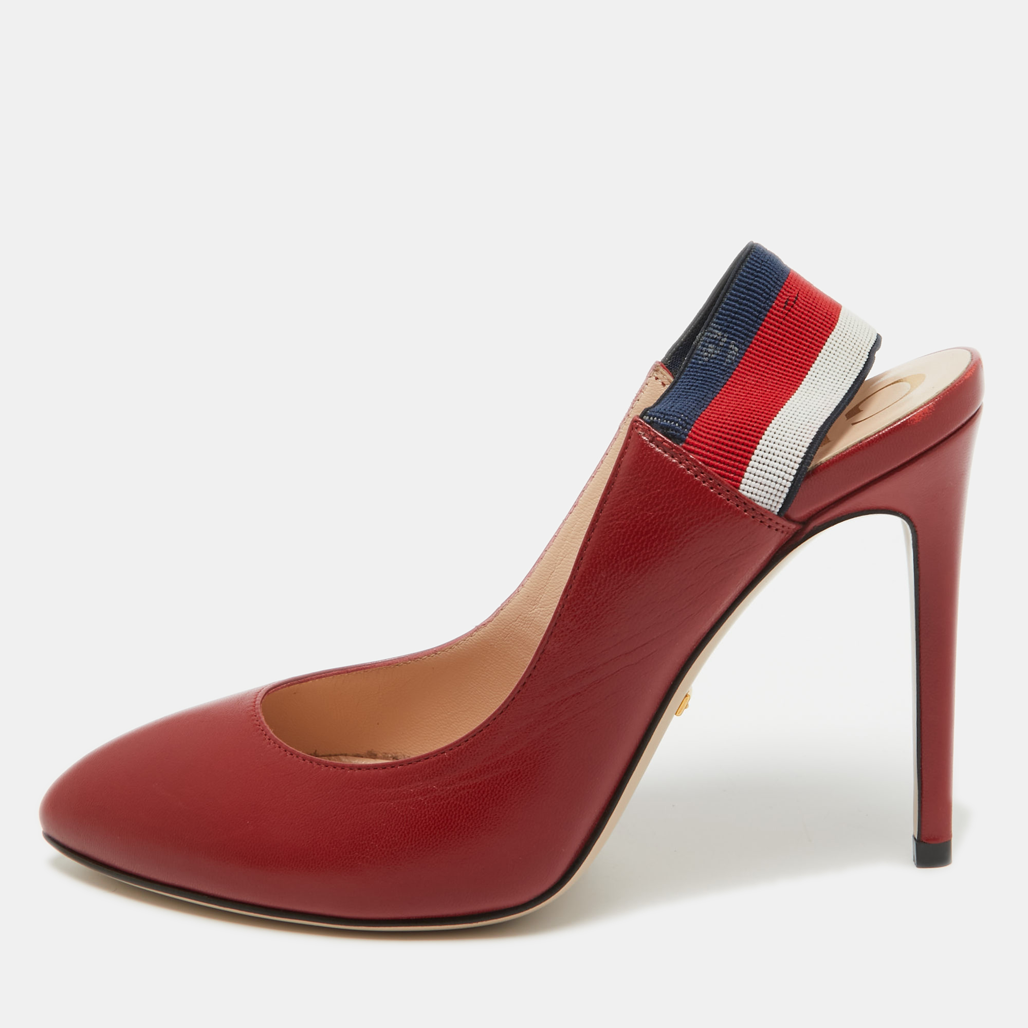 

Gucci Red Leather and Canvas Web Sylvie Slingback Pumps Size