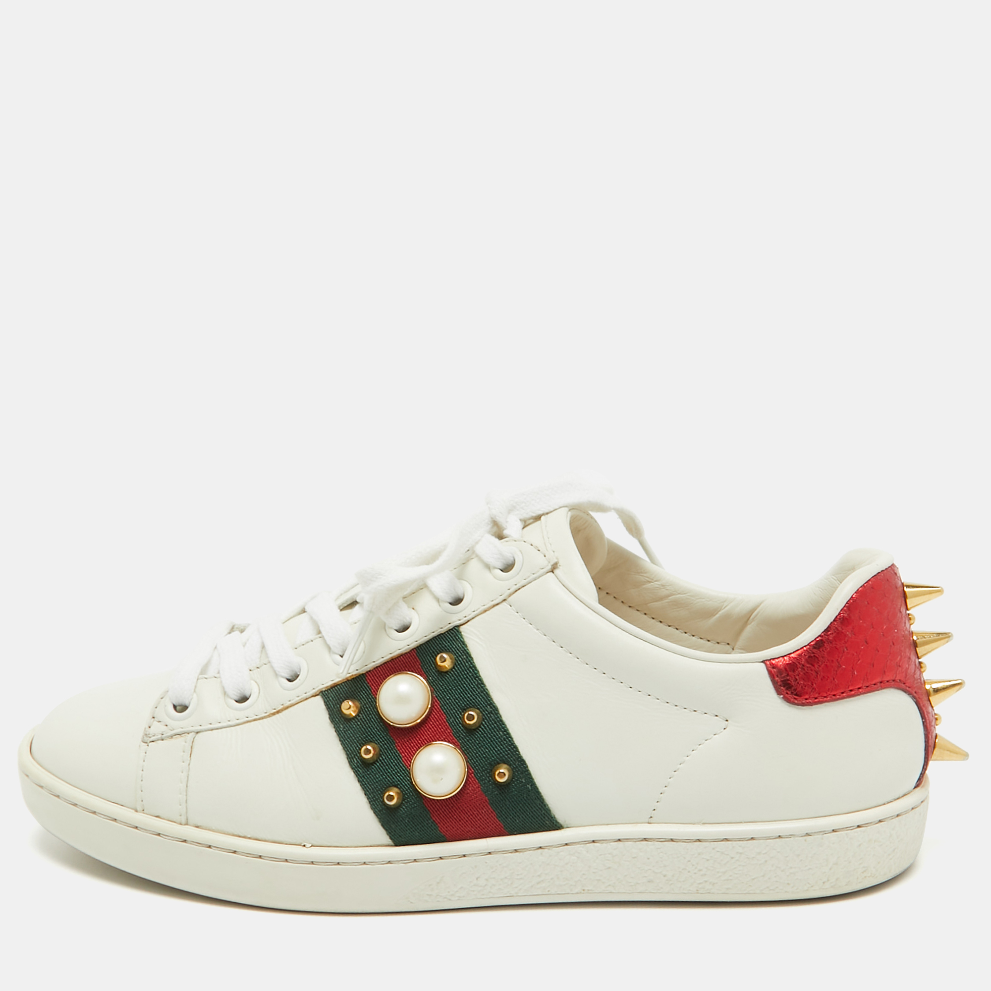 

Gucci White Leather Faux Pearl Embellished Ace Lace Up Sneakers Size
