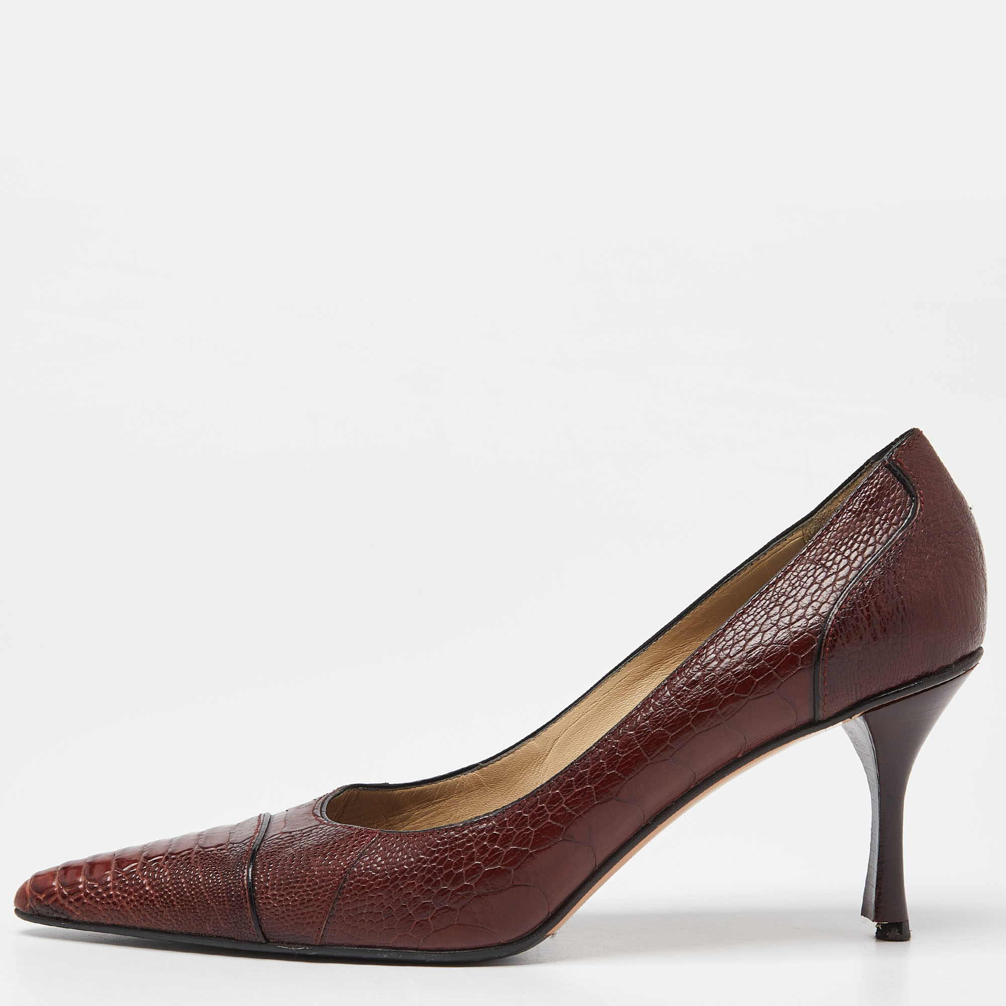 Pre-owned Gucci Brown Crocodile Leather Pointed Toe Pumps Size 38.5
