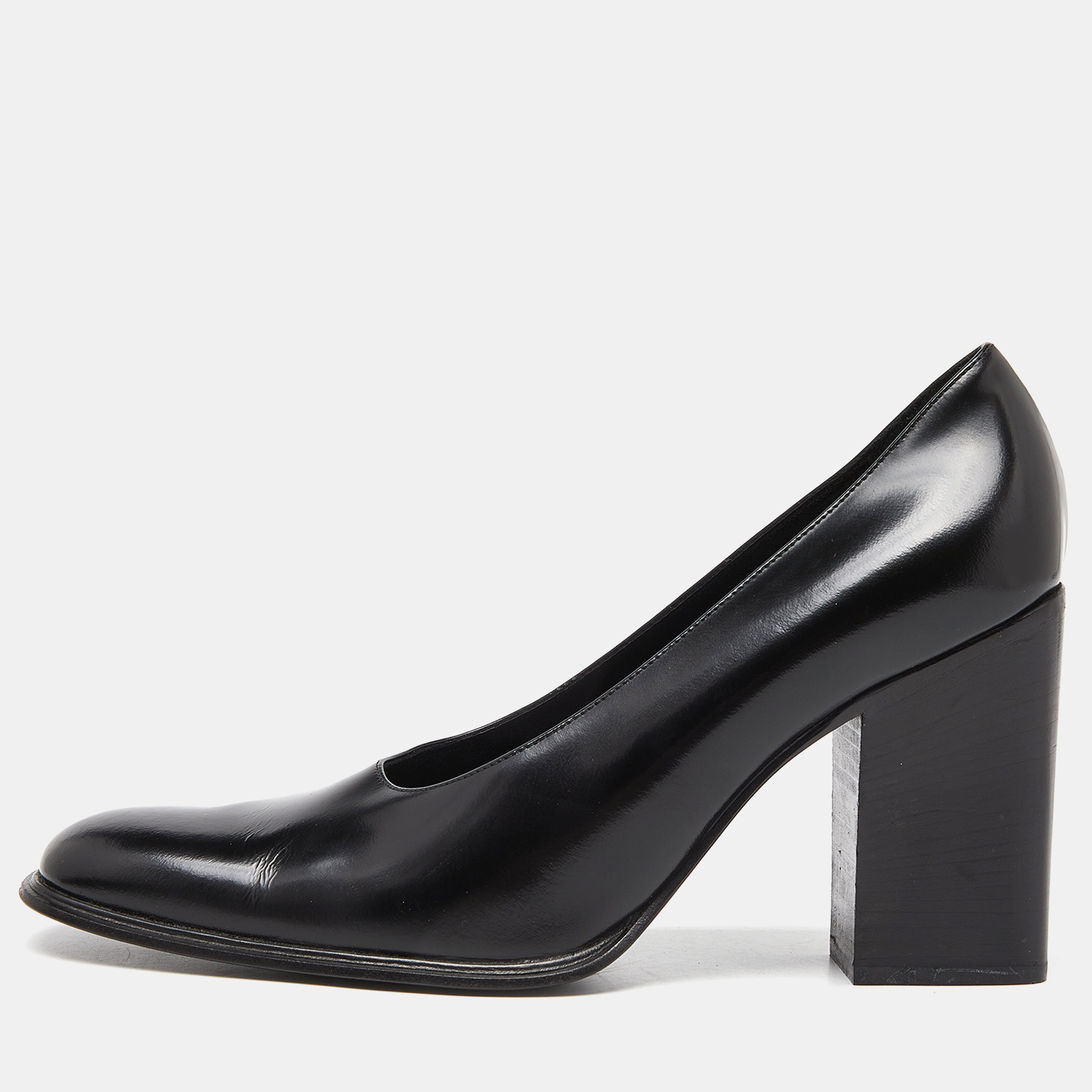 Pre-owned Gucci Black Leather Block Heel Pumps Size 39.5