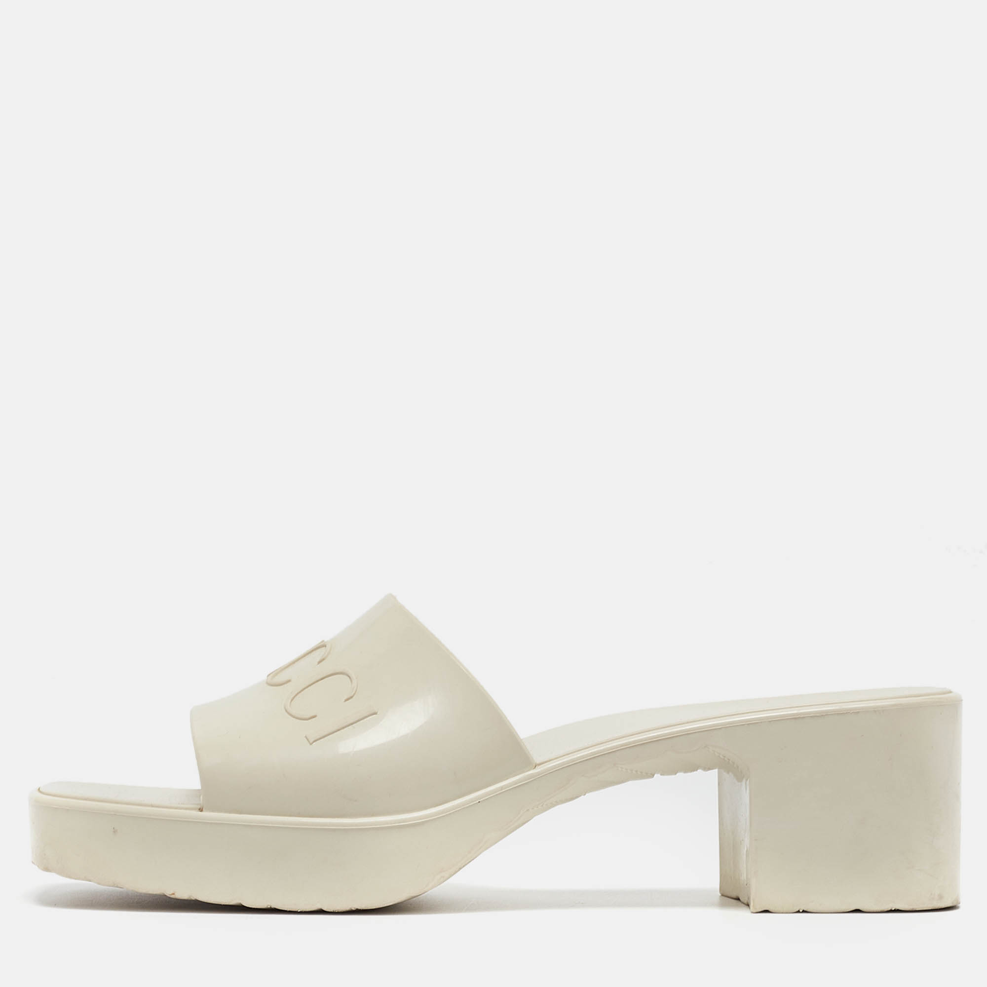 

Gucci White Rubber Embossed Logo Block Heel Slide Sandals Size