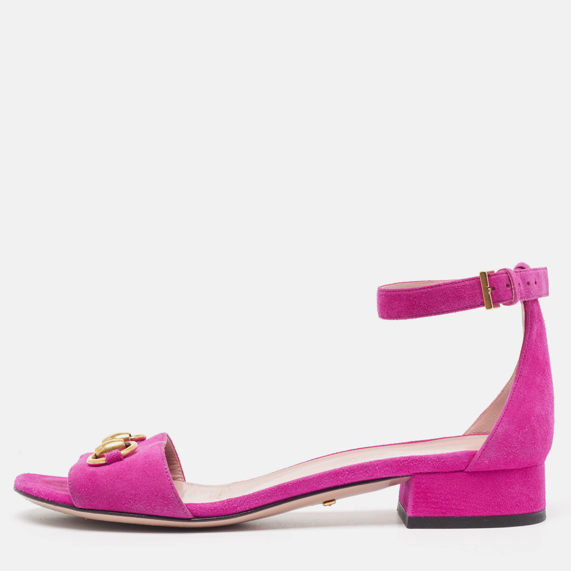 

Gucci Pink Suede Horsebit Ankle Strap Sandals Size