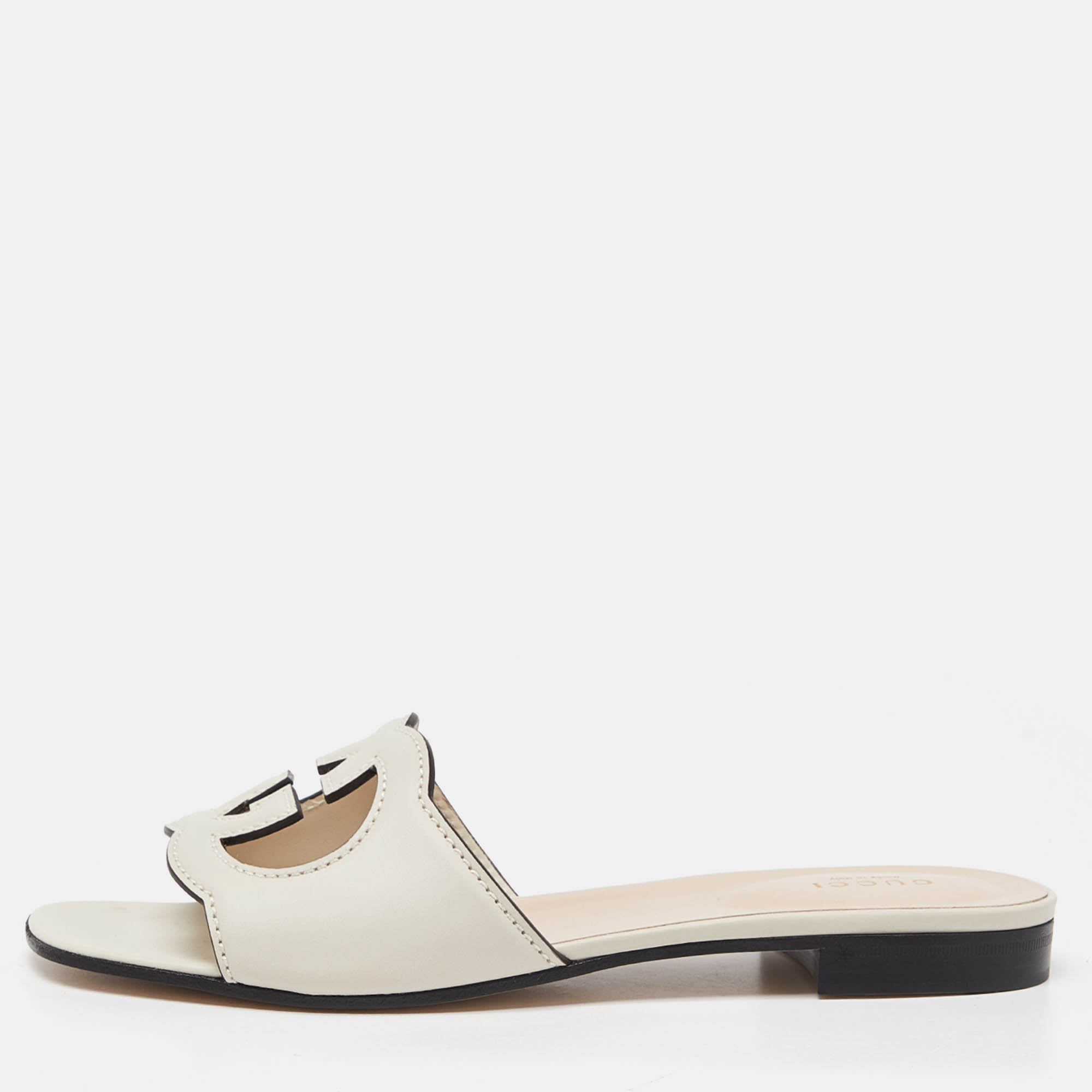 

Gucci Cream Leather Interlocking G Cut Out Flat Slides Size