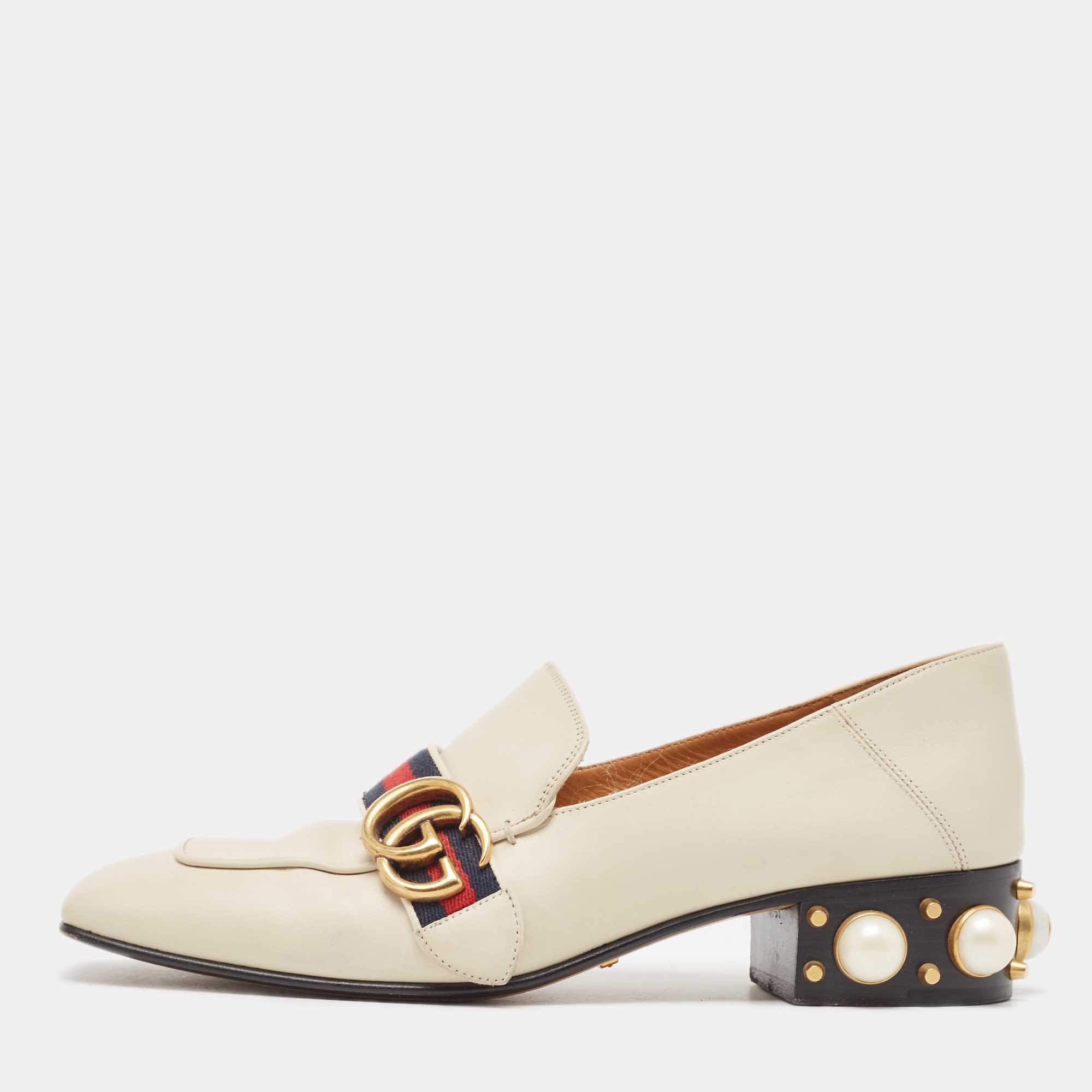 

Gucci Cream Leather Embellished GG web Double Pumps Size
