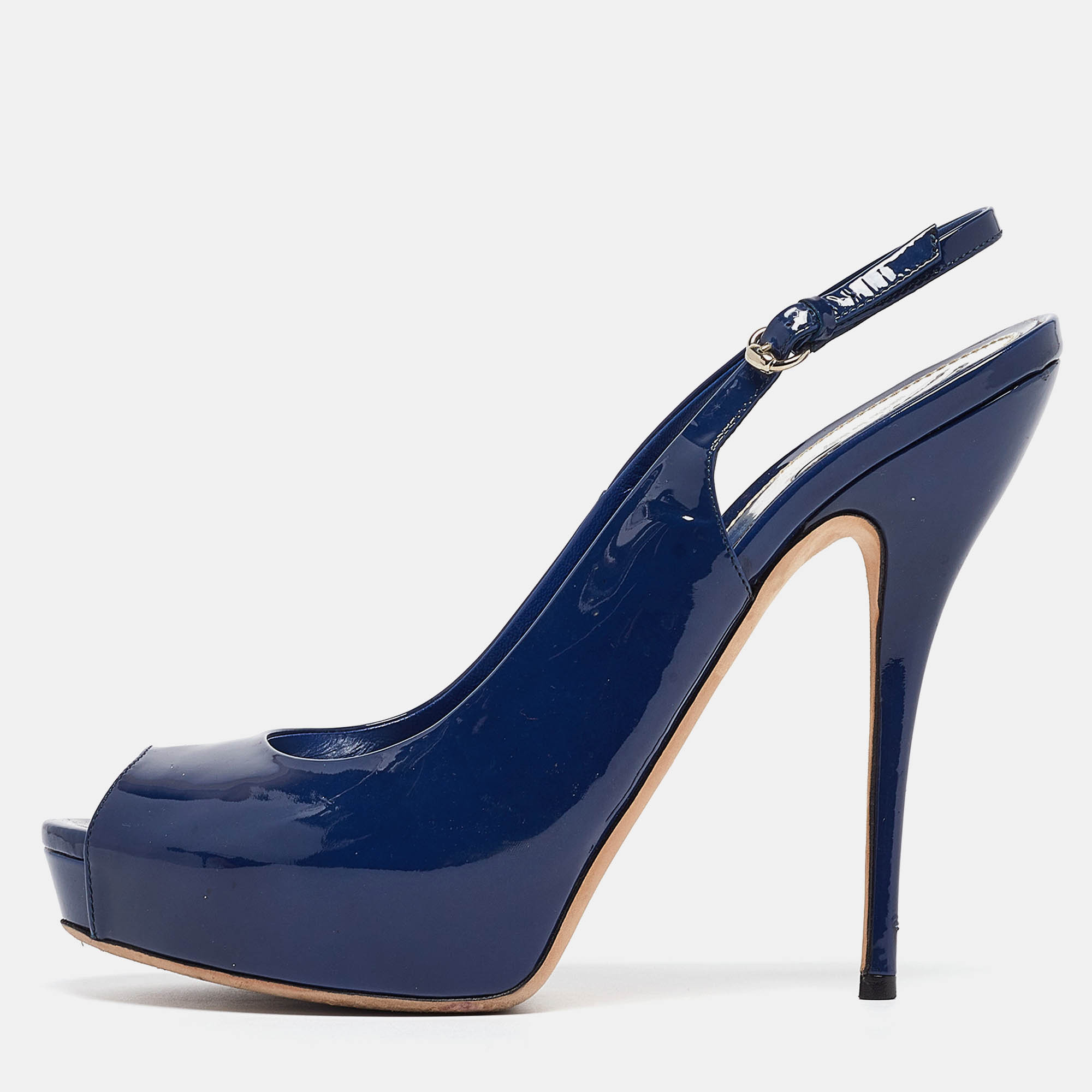 

Gucci Blue Patent Sofia Peep Toe Slingback Pumps Size