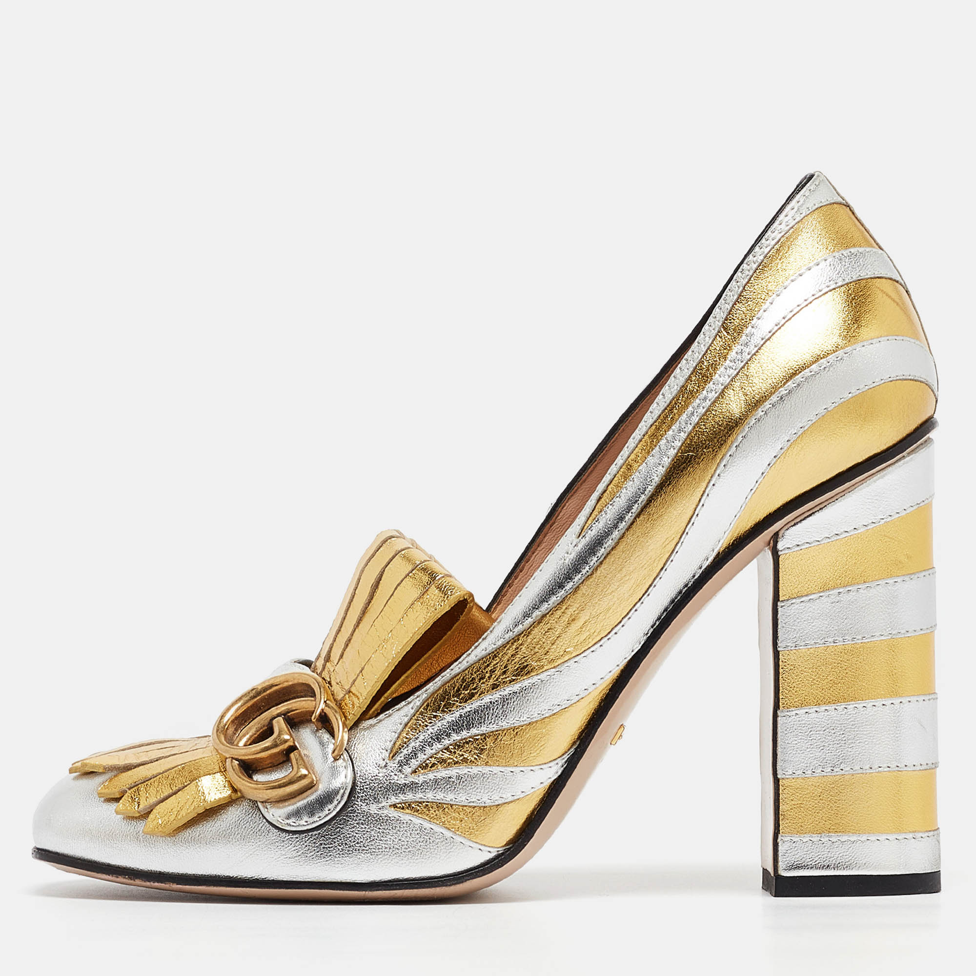 

Gucci Silver/Gold Zebra Print Leather GG Marmont Fringed Pumps Size