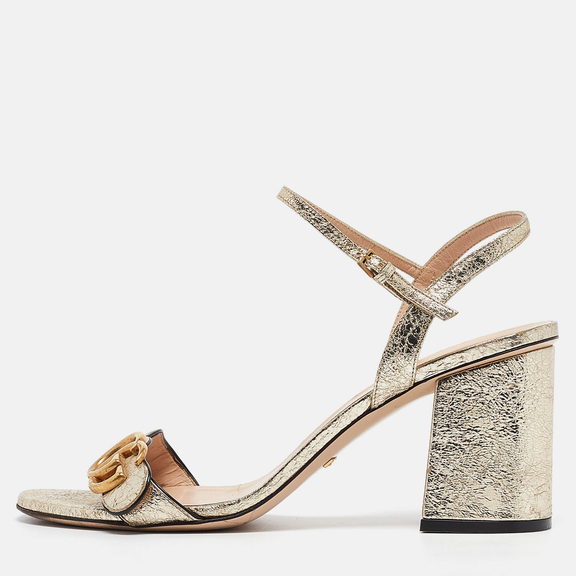 

Gucci Gold Textured Leather GG Marmont Ankle Strap Sandals Size