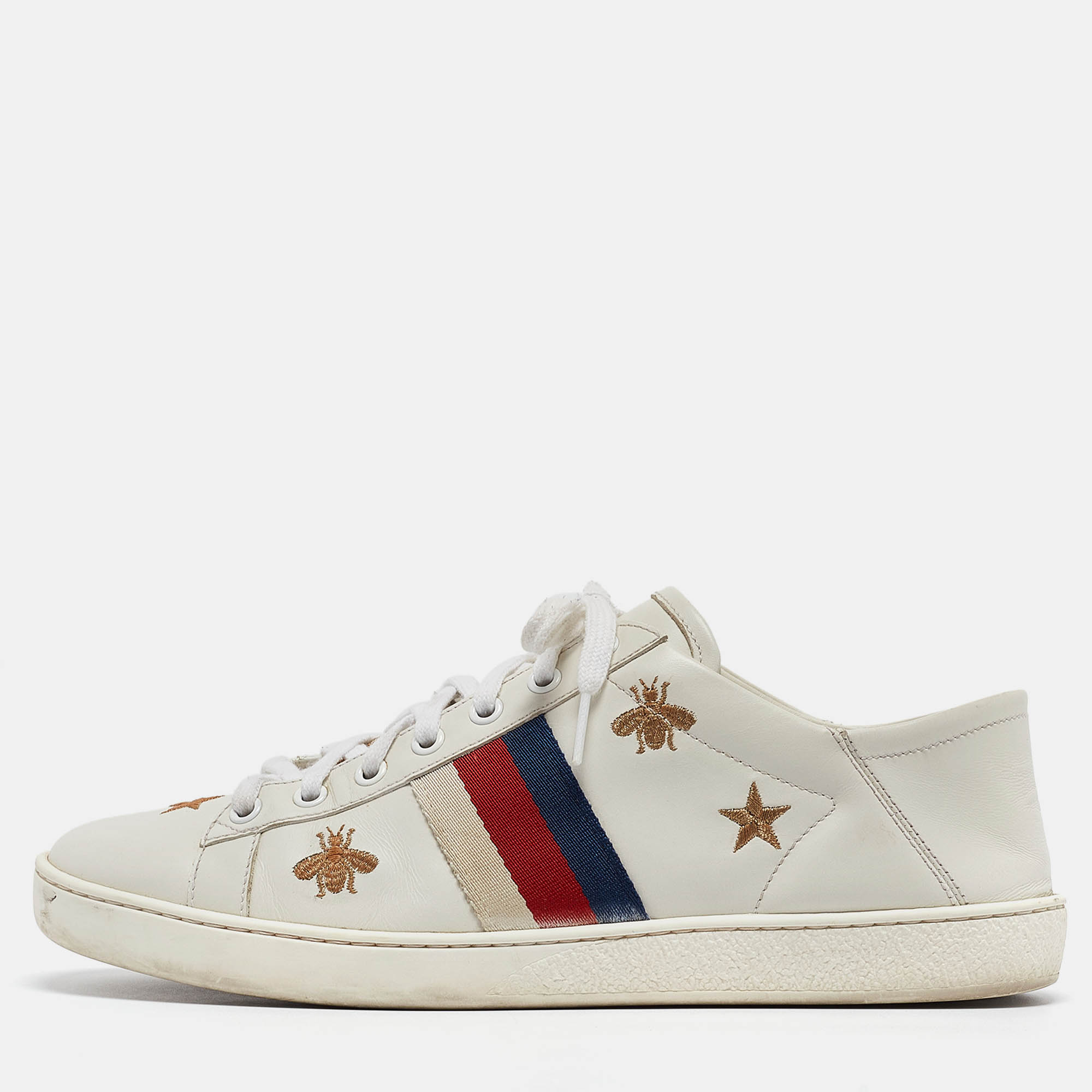 Pre-owned Gucci White Leather Star And Bee Embroidered Ace Sneakers Size 39.5 In Gold