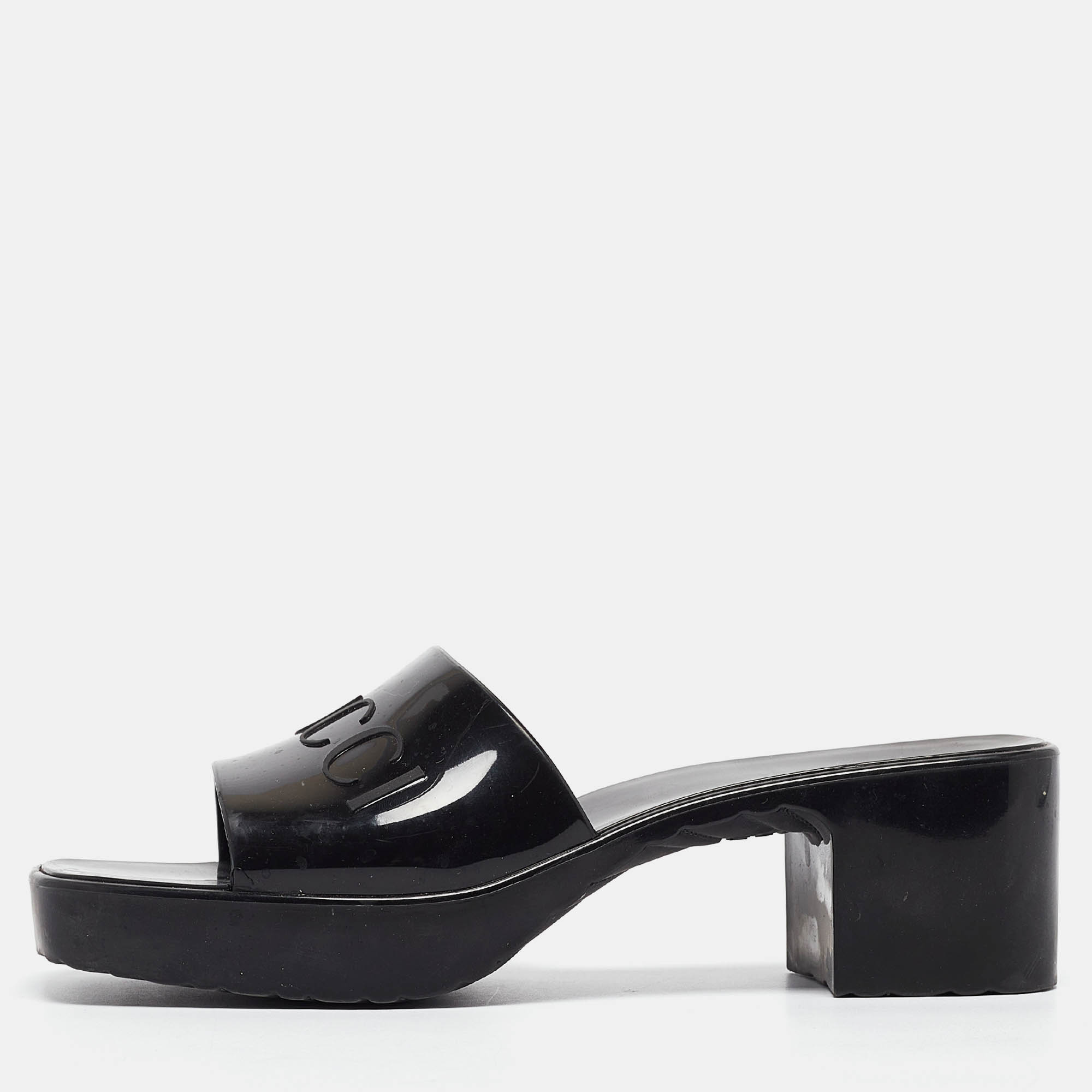 

Gucci Black Rubber Logo Embossed Platform Slide Sandals Size