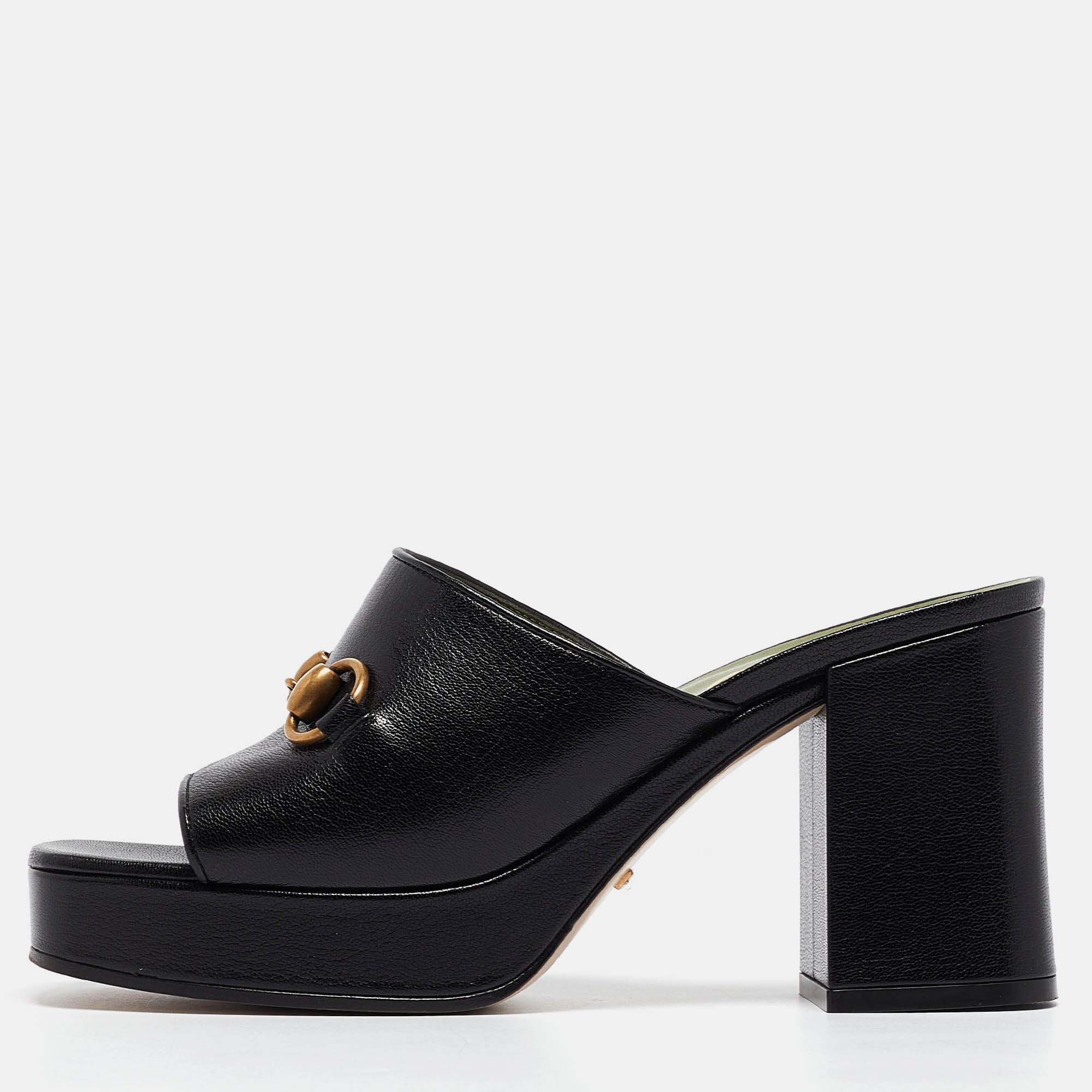 

Gucci Black Leather Horsebit Platform Slide Sandals Size