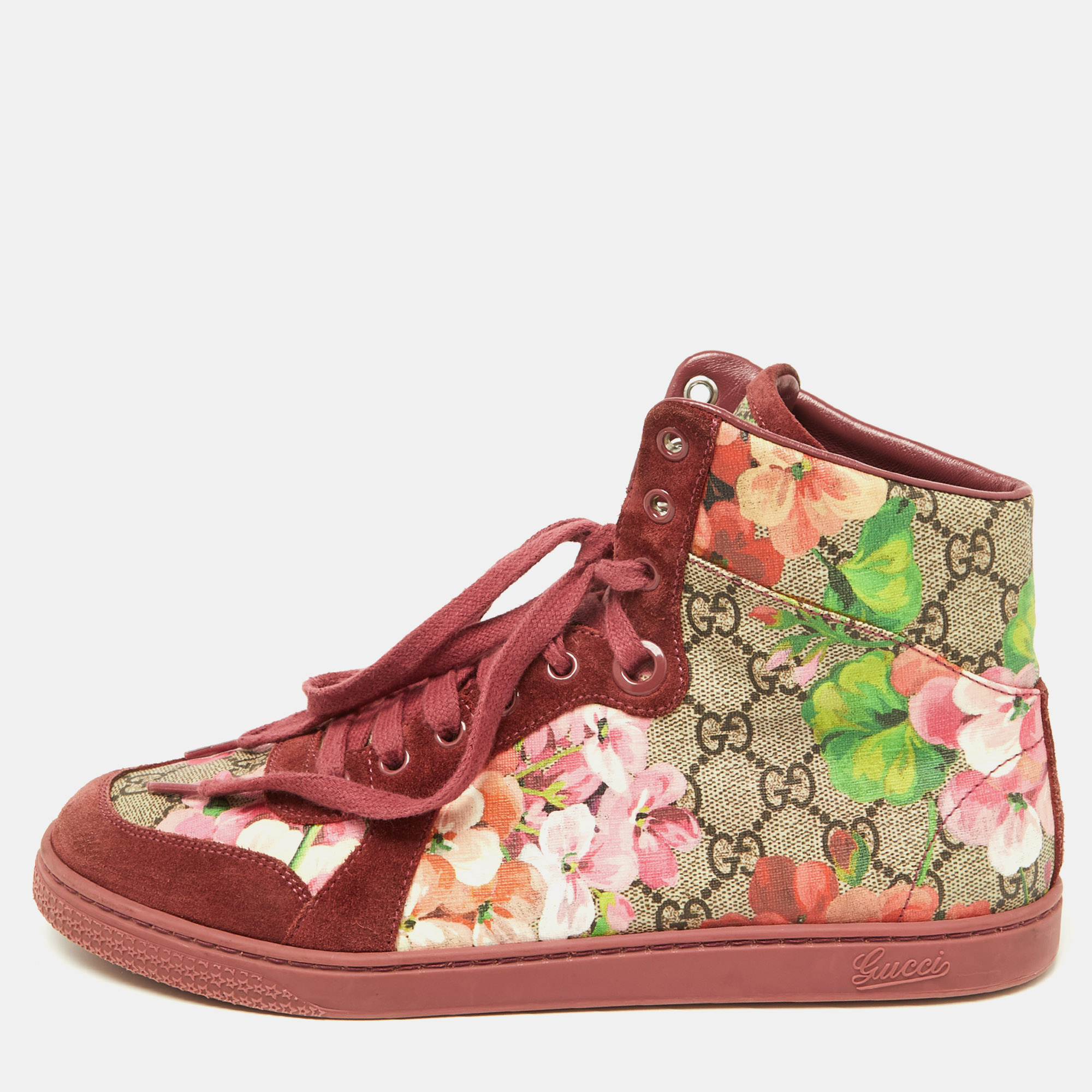

Gucci Beige/Pink GG Bloom Print Supreme Canvas and Suede High Top Sneakers Size