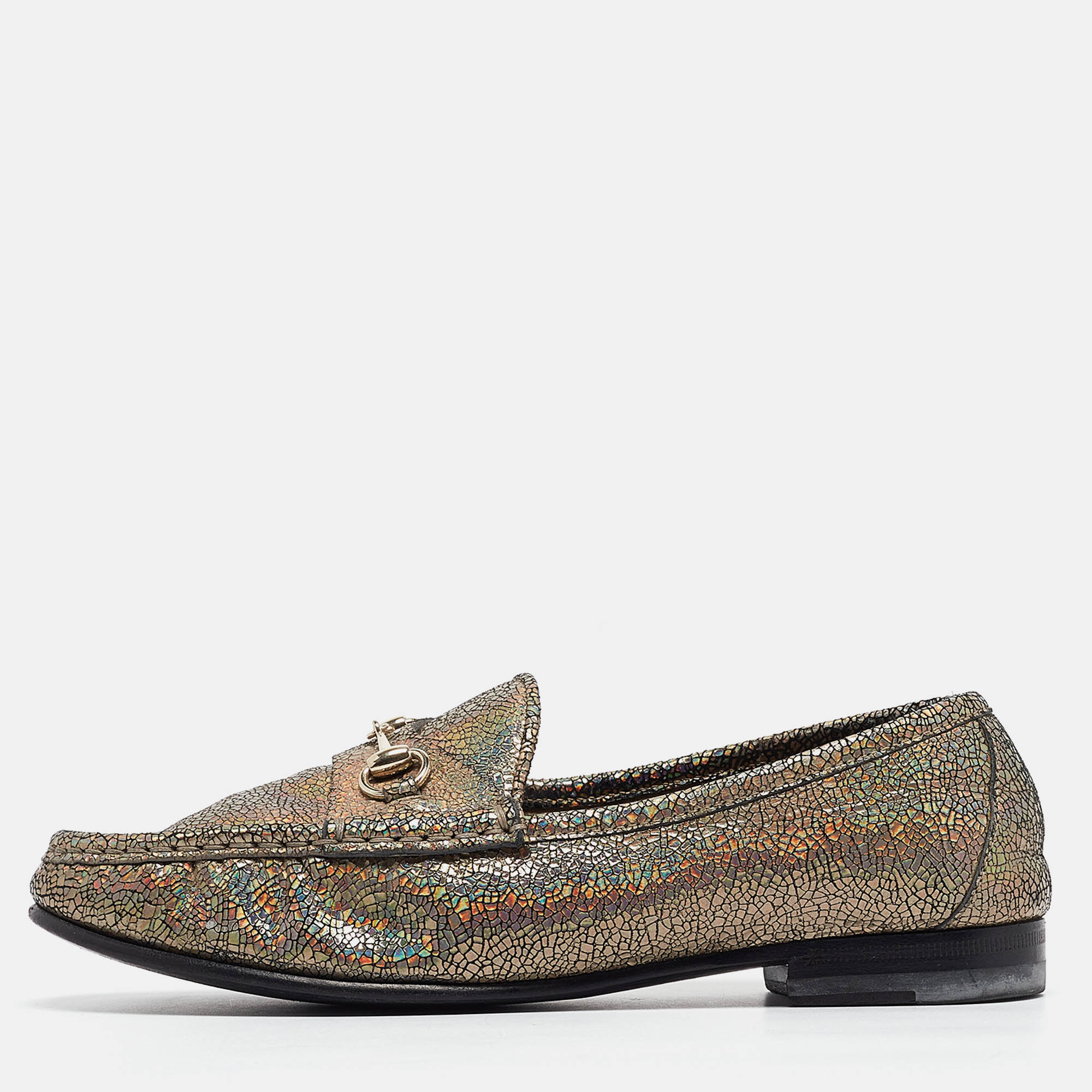 

Gucci Multicolor Foil Textured Leather Horsebit Slip On Loafers Size