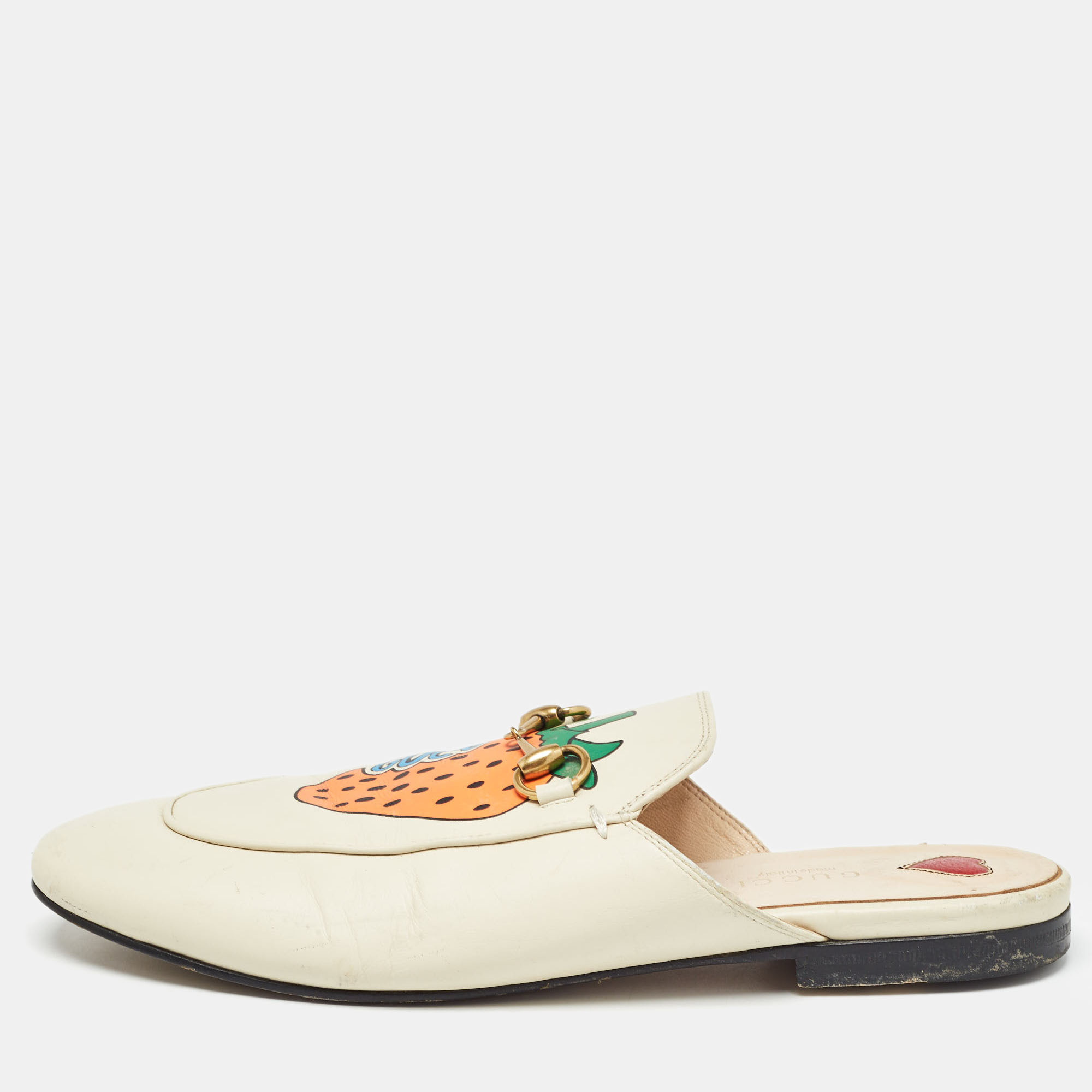 

Gucci Cream Leather Strawberry Print Princetown Flat Mules Size