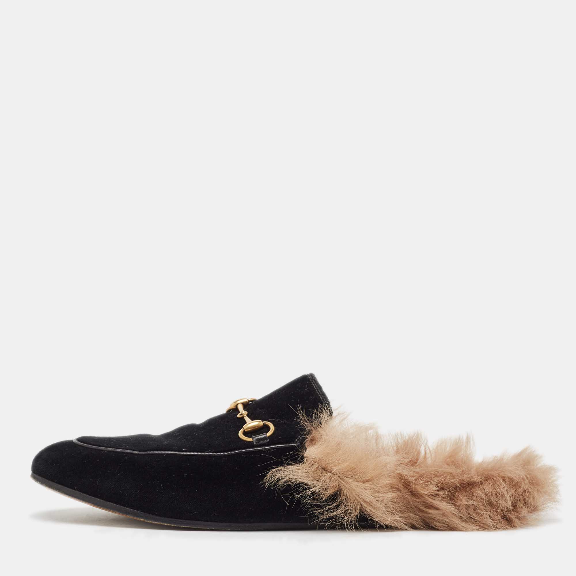 Pre-owned Gucci Black Velvet Fur Lined Princetown Flat Mules Size 39