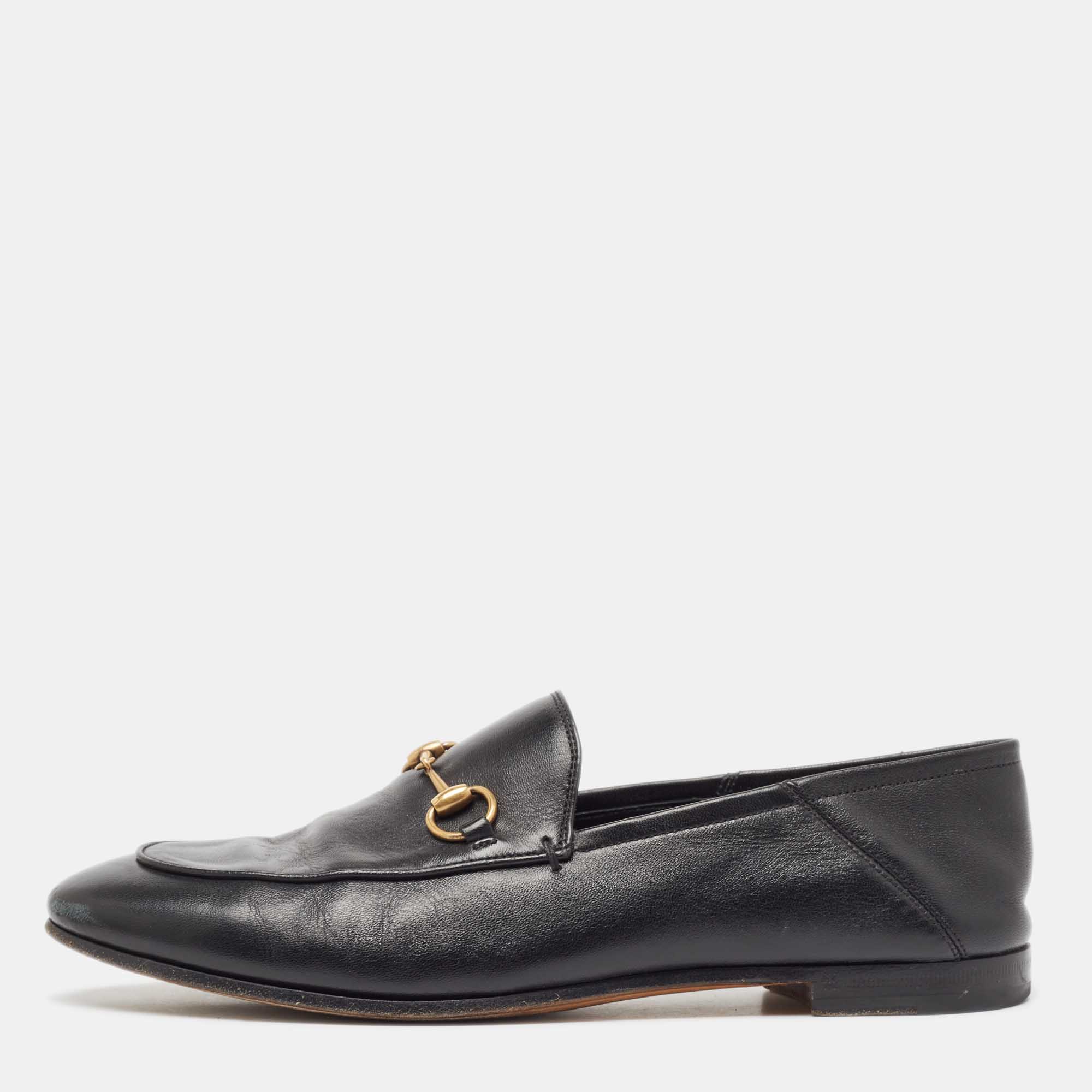 

Gucci Black Leather Foldable Slim Horsebit Loafers Size