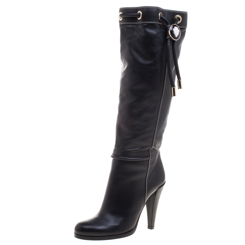 Pre Owned Gucci Black Leather Drawstring Knee Length Boots Size 38