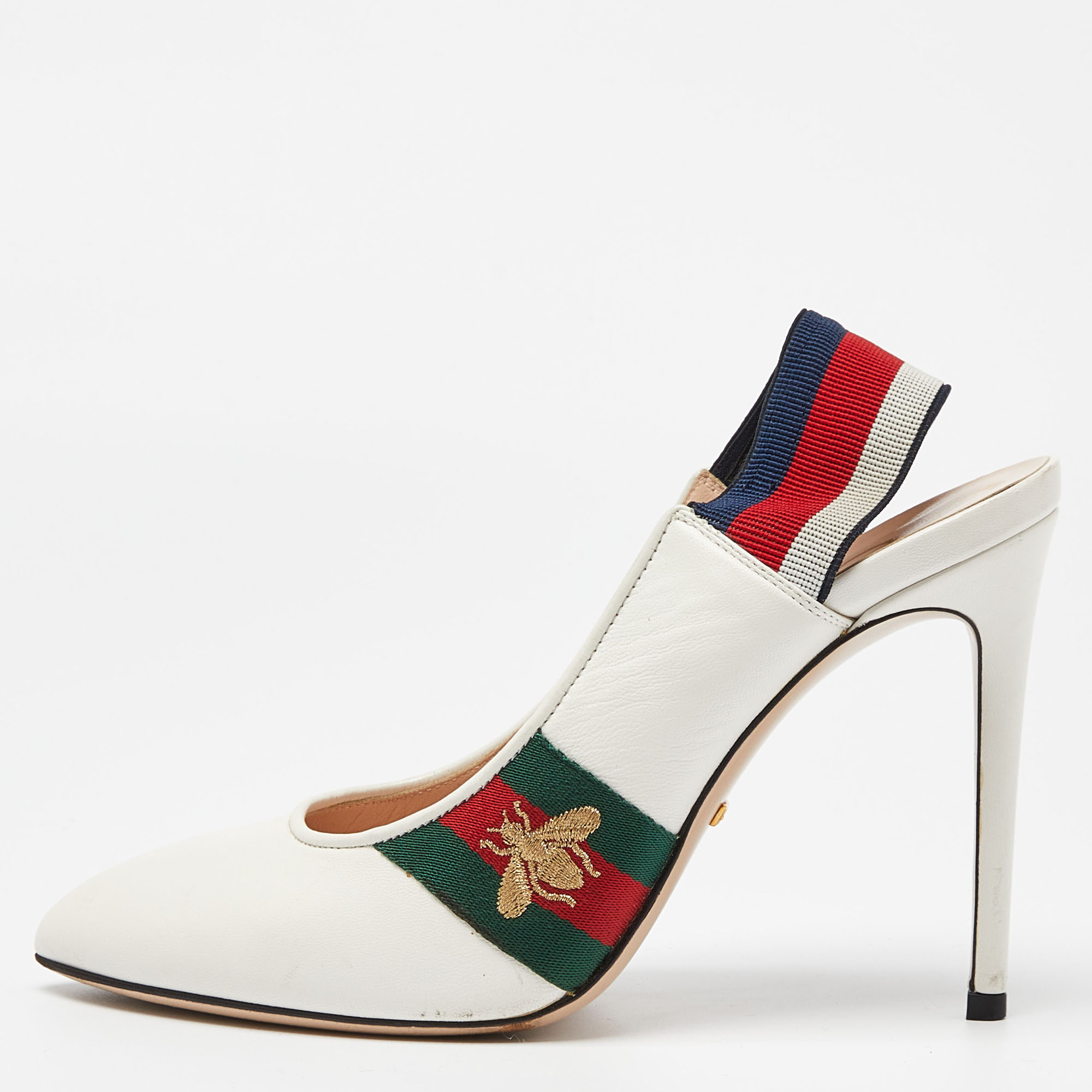 

Gucci White Leather Sylvie Web Pointed Toe Slingback Pumps Size