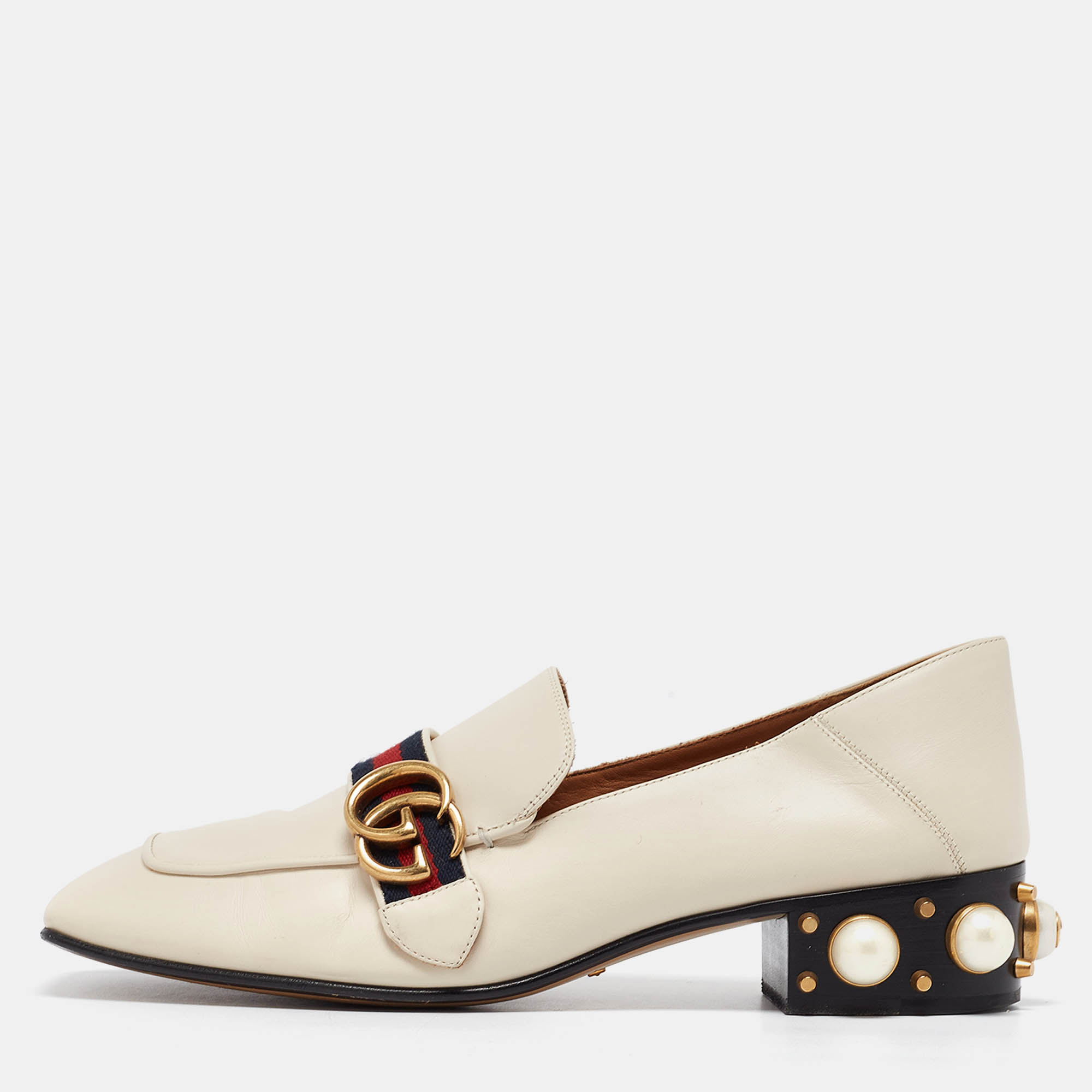 

Gucci Off White Leather Web GG Marmont Faux Pearl Embellished Heel Slip On Loafers Size, Cream