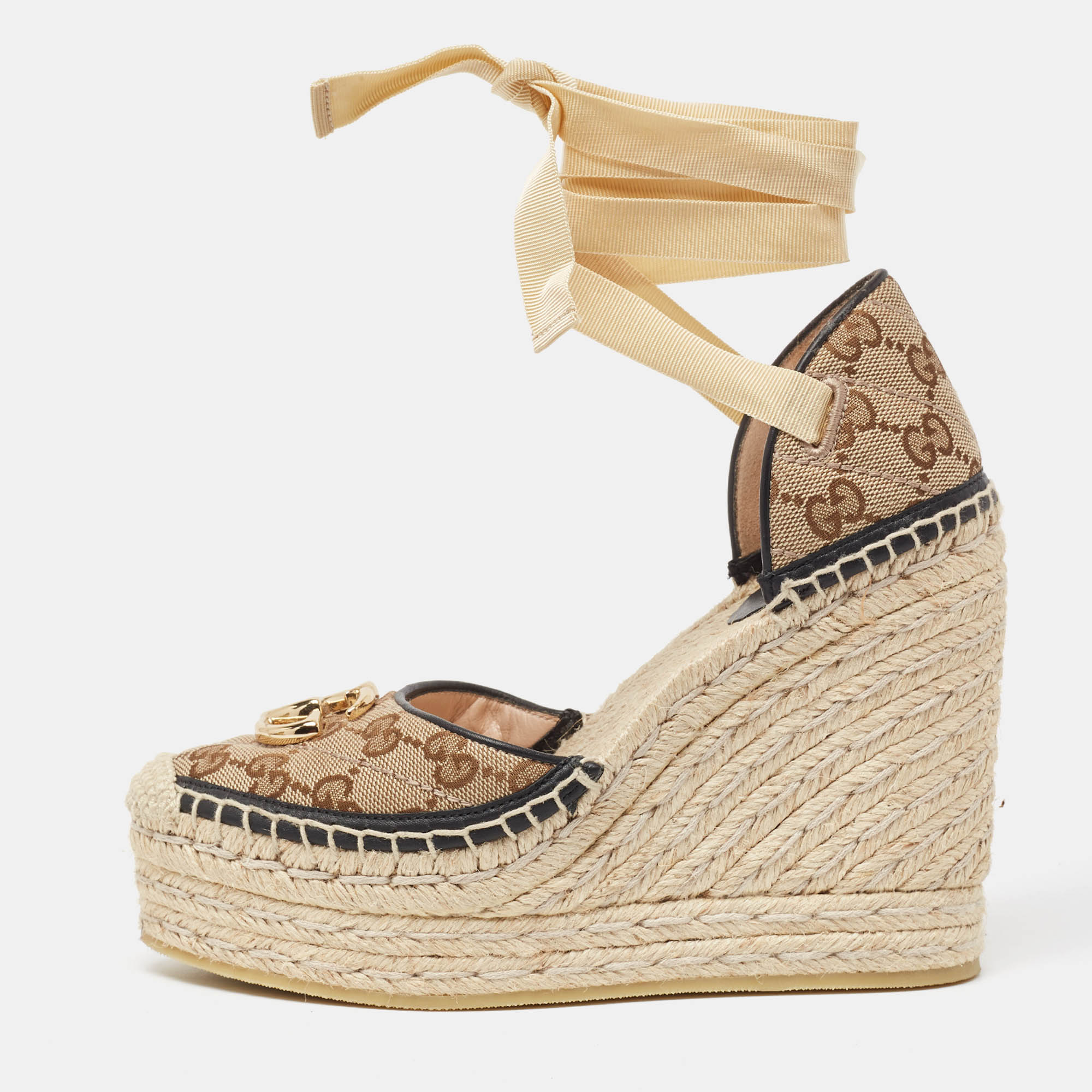 

Gucci Beige/Black Canvas GG Marmont Wedge Sandals Size