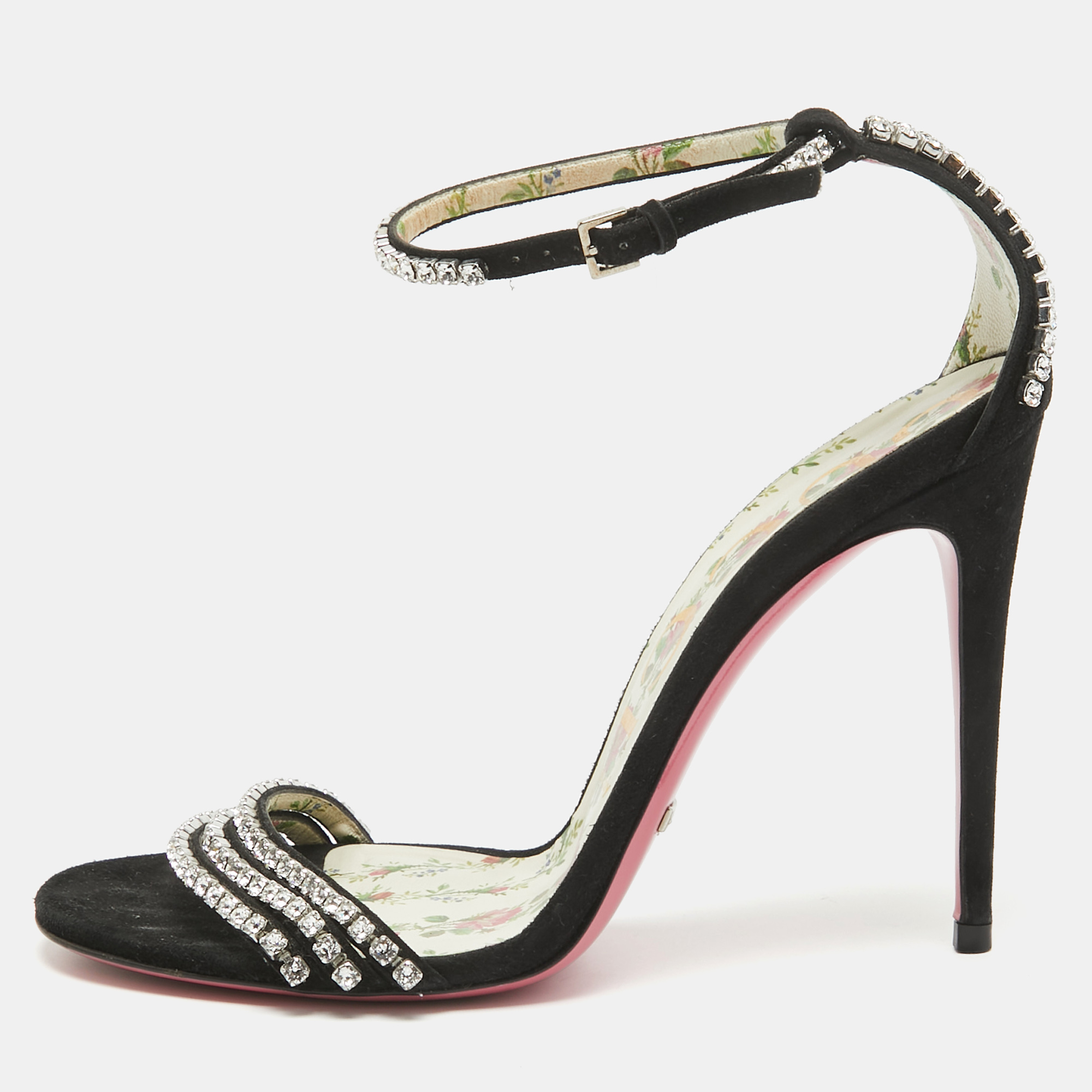 Pre-owned Gucci Black Suede Crystal Embellished Ankle Strap Sandals Size 38.5