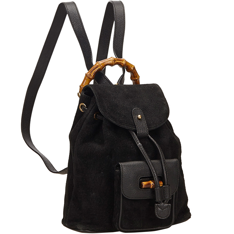 

Gucci Black Suede and Leather Mini Bamboo Handle Backpack Bag