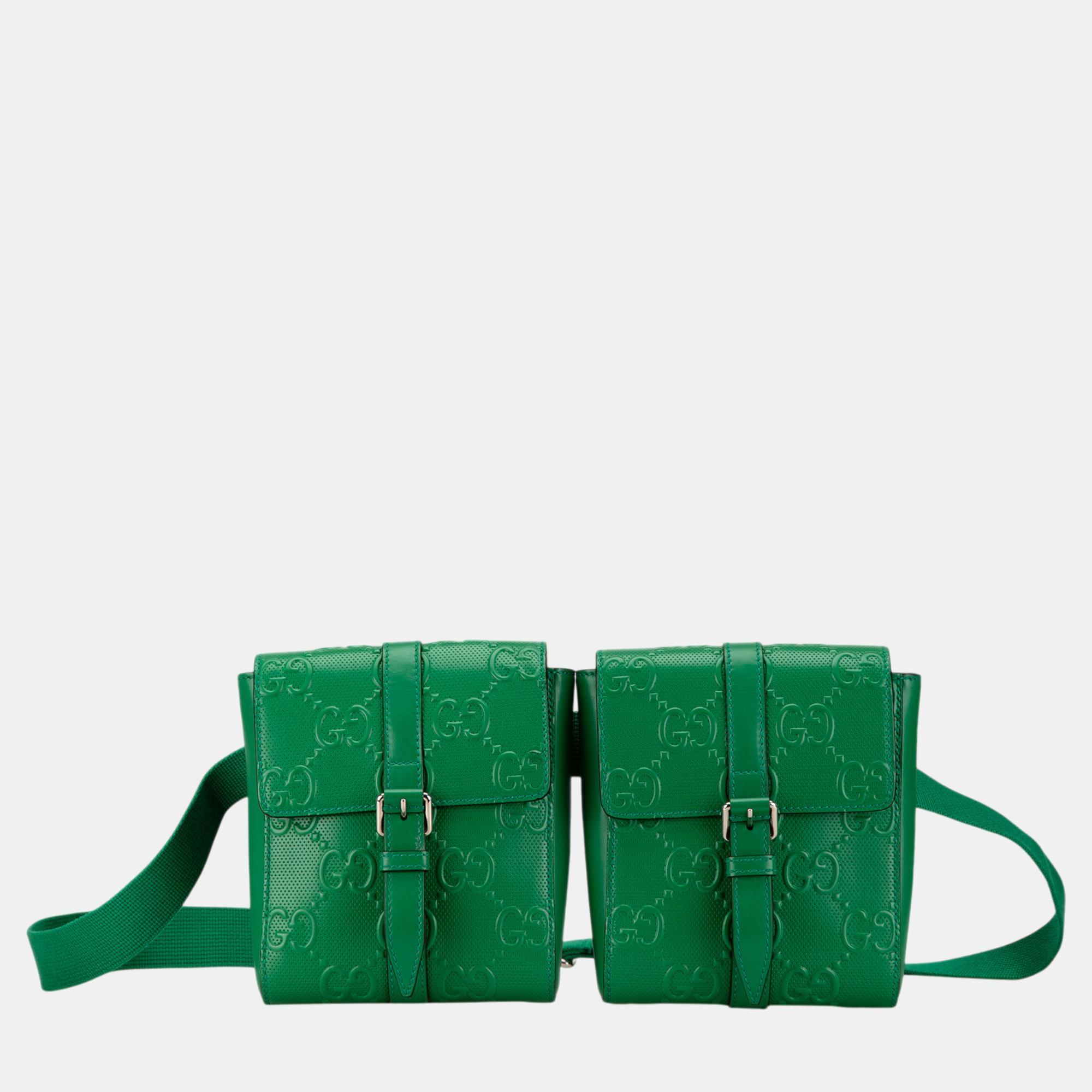 

Gucci Green GG Embossed Perforated Double Belt Bag