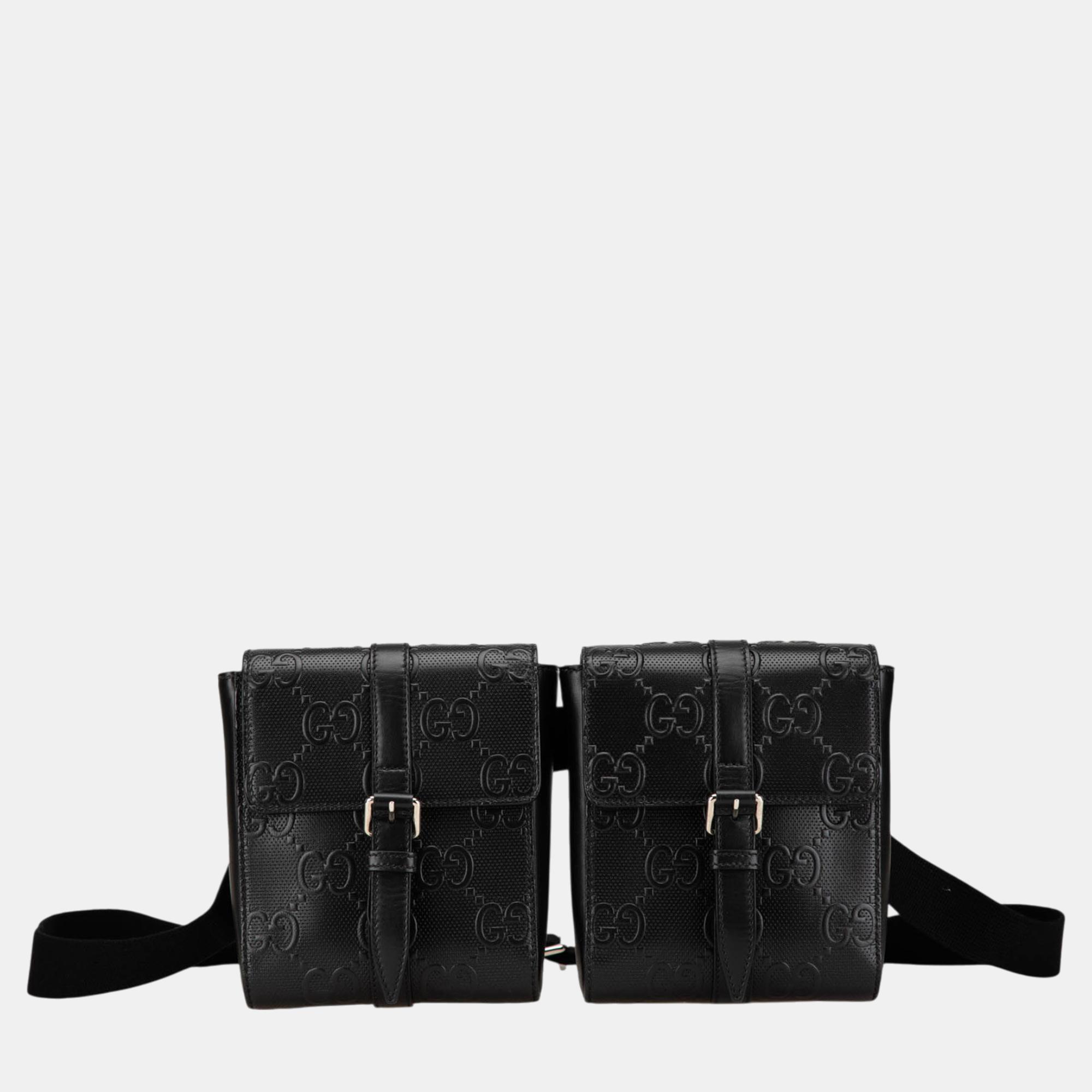 

Gucci Black GG Embossed Perforated Double Belt Bag