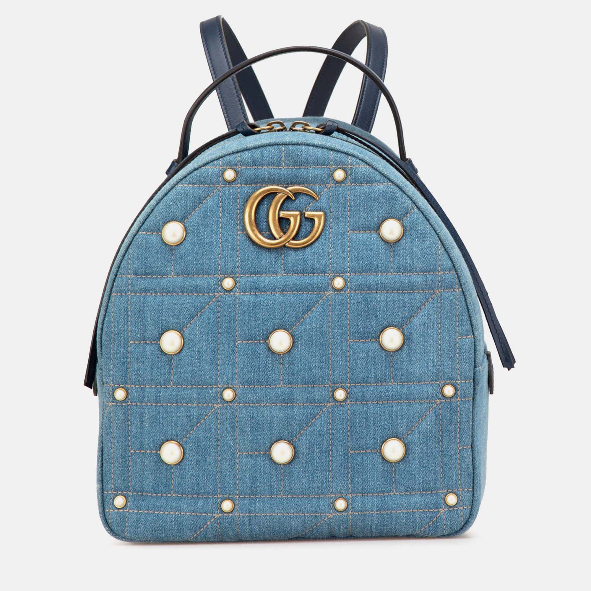 

Gucci Small GG Marmont Pearl Denim Backpack, Blue