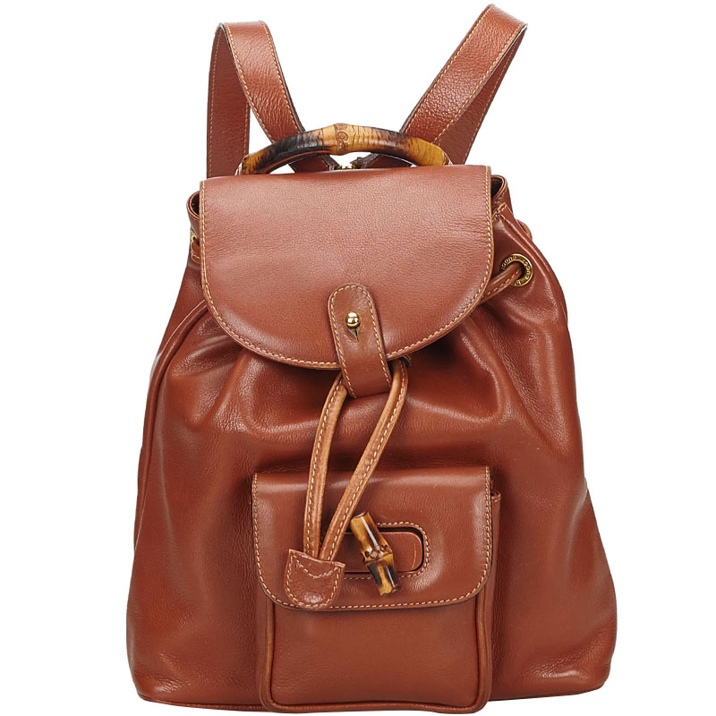Pre Owned Gucci Bamboo Calfskin Leather Drawstring Backpack
