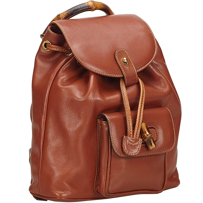 

Gucci Bamboo Calfskin Leather Drawstring Backpack, Brown