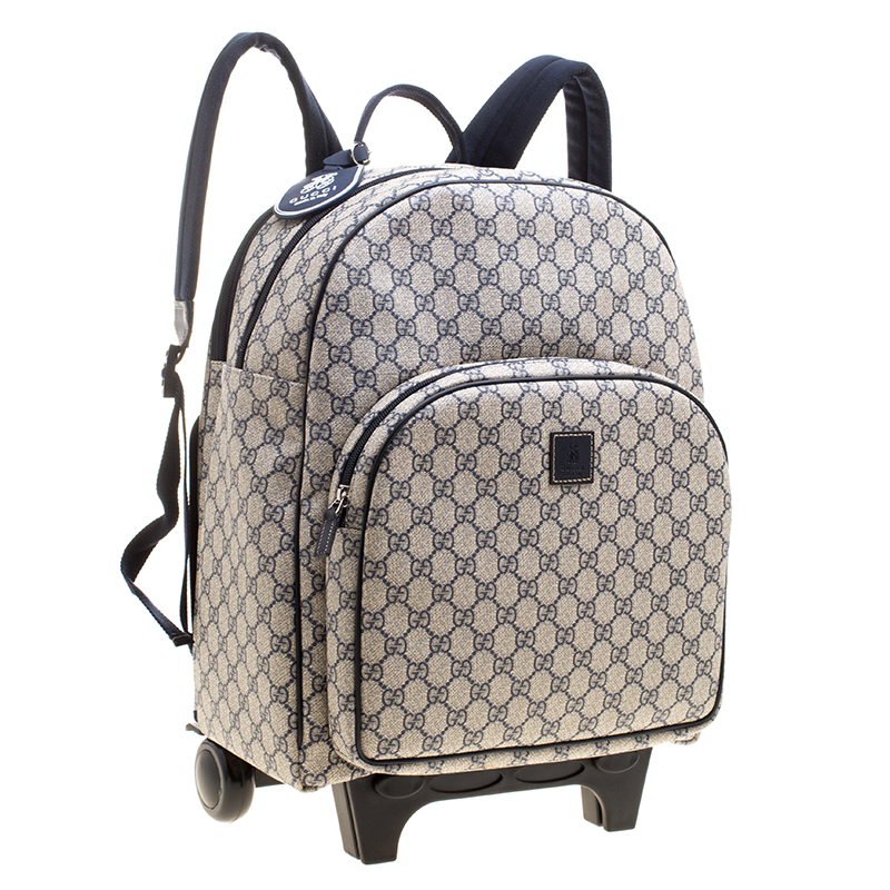 Gucci Beige Blue GG Supreme Canvas Trolley Backpack Bag