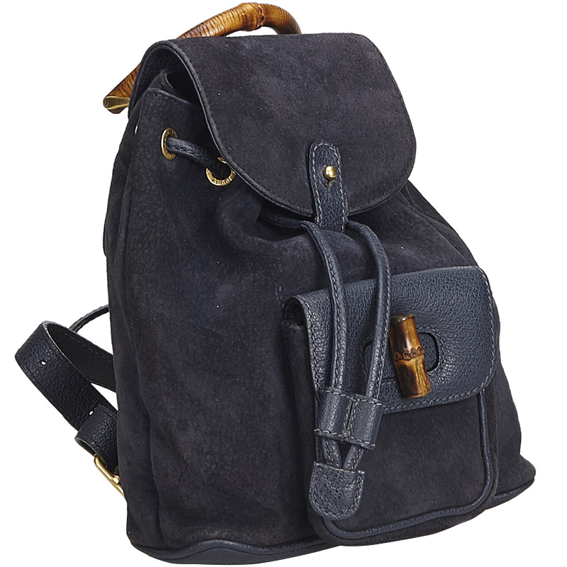

Gucci Navy Blue Suede Bamboo Drawstring Backpack