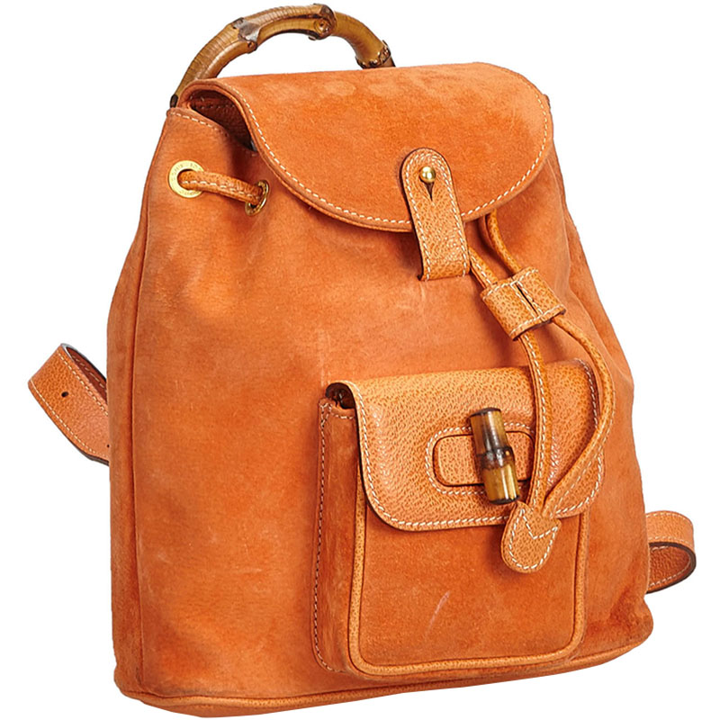 

Gucci Orange Suede Bamboo Drawstring Backpack