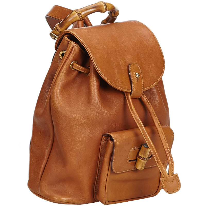 

Gucci Brown Leather and Bamboo Handle Drawstring Backpack