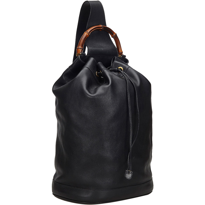 

Gucci Black Canvas Leather Bamboo Top Handle Drawstring Backpack