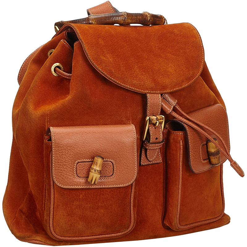 

Gucci Orange Suede Leather Drawstring Bamboo Backpack